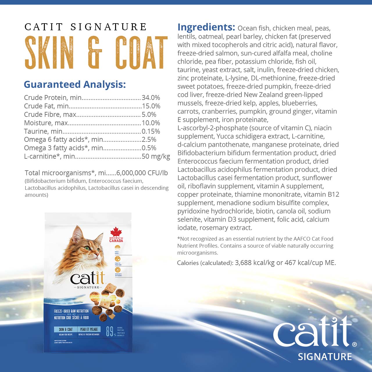 Catit Signature Skin and Coat cat food packaging, featuring guaranteed analysis and ingredient list for the dry food recipe