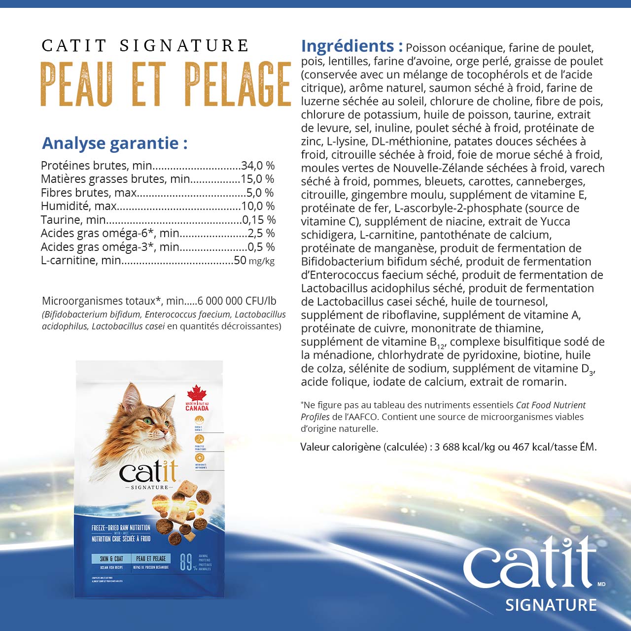 Catit Signature Skin & Coat dry cat food packaging, including guaranteed analysis and ingredient list in French