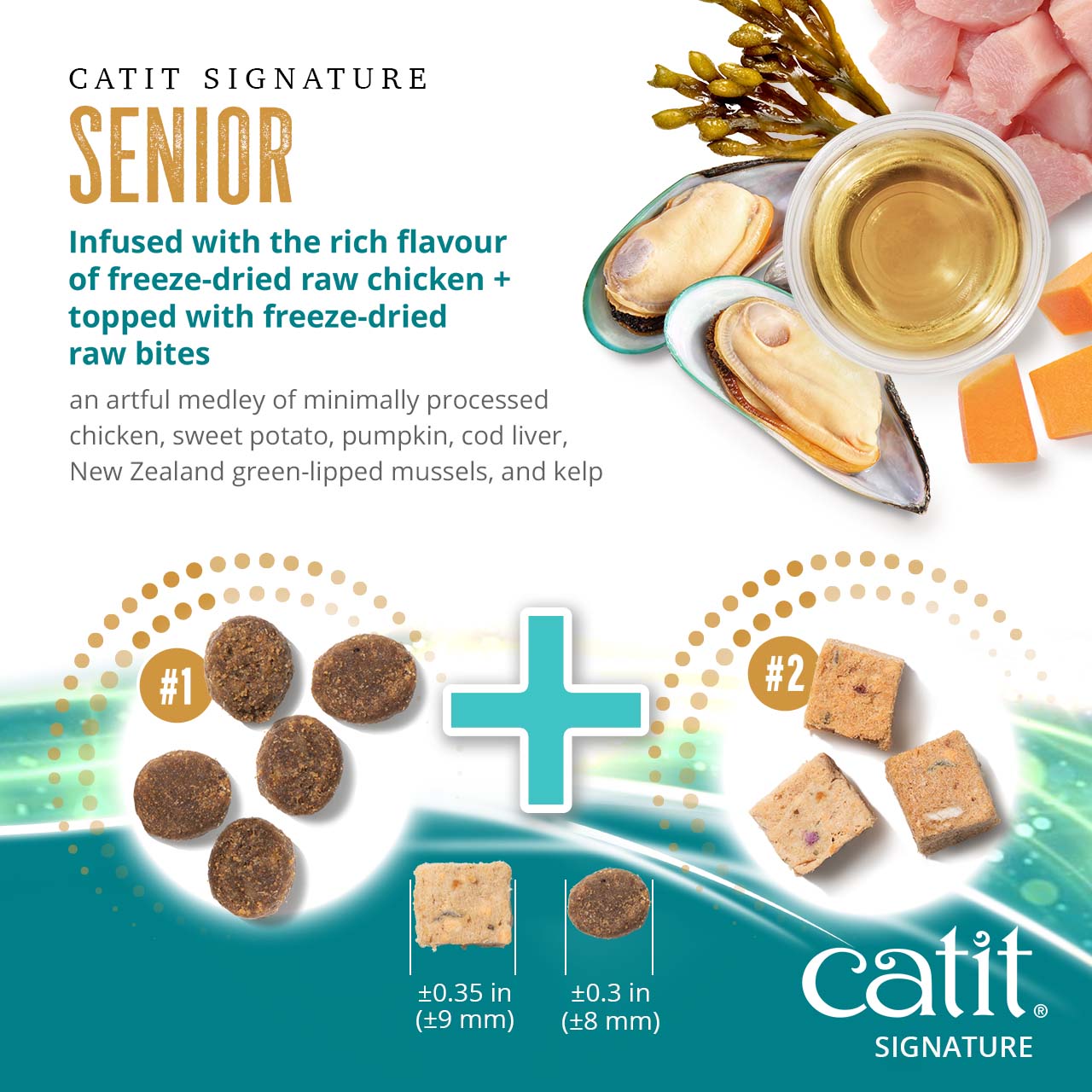 Catit Signature Senior cat food features freeze-dried raw chicken and raw bites with ingredients like pumpkin and mussels