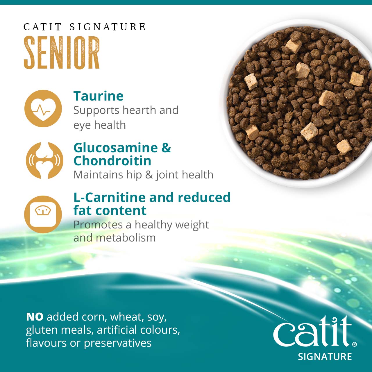 Catit Signature Senior cat food features taurine for heart and eye health, glucosamine and chondroitin for joints, and L-carnitine for weight management, with no artificial additives