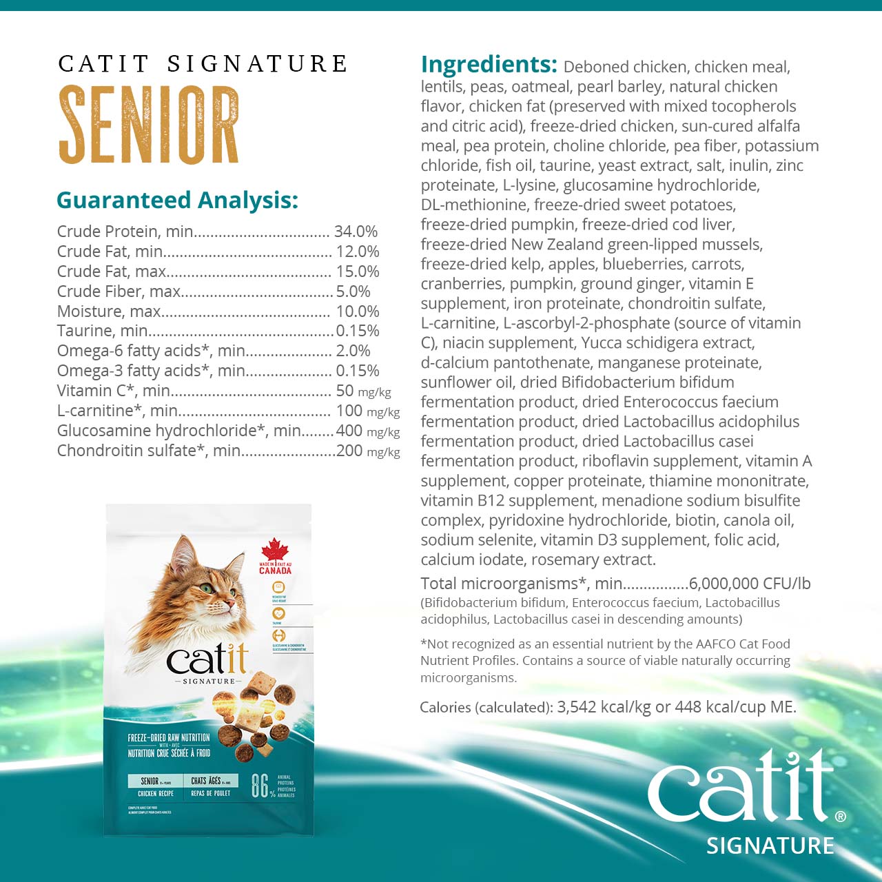 Catit Signature Senior dry cat food packaging, featuring guaranteed analysis and ingredient list for the chicken recipe