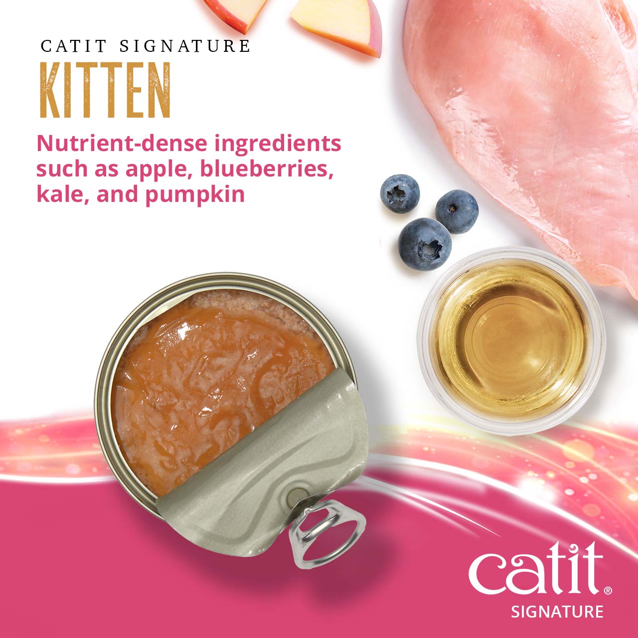 Catit Signature kitten food featuring nutrient-dense ingredients like apple, blueberries, kale, and pumpkin
