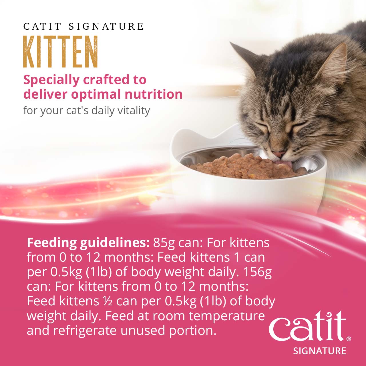 Catit Signature Kitten food feeding guidelines for 85g and 156g cans based on kitten body weight