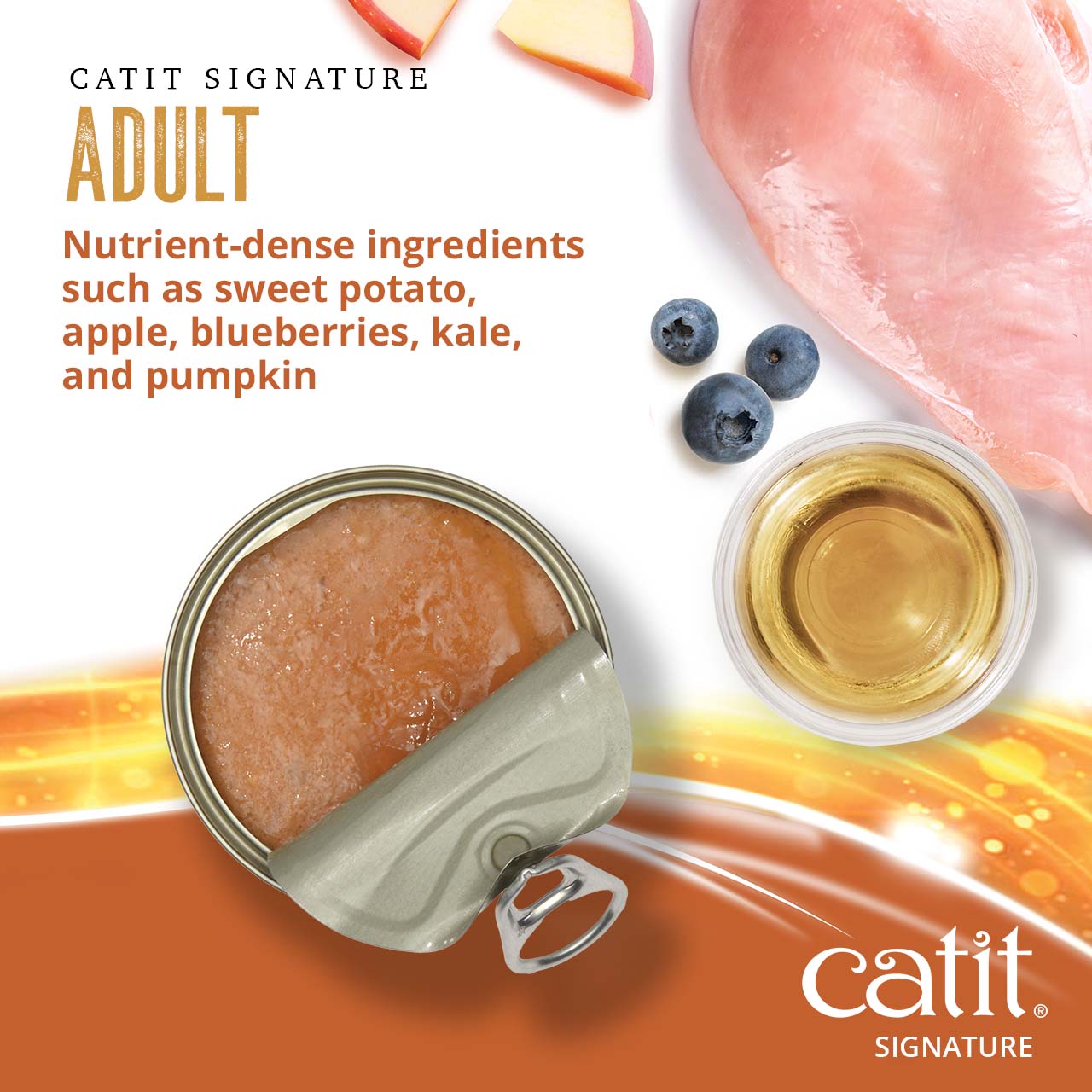 Catit Signature Adult cat food advertisement highlighting nutrient-dense ingredients like sweet potato, apple, and kale