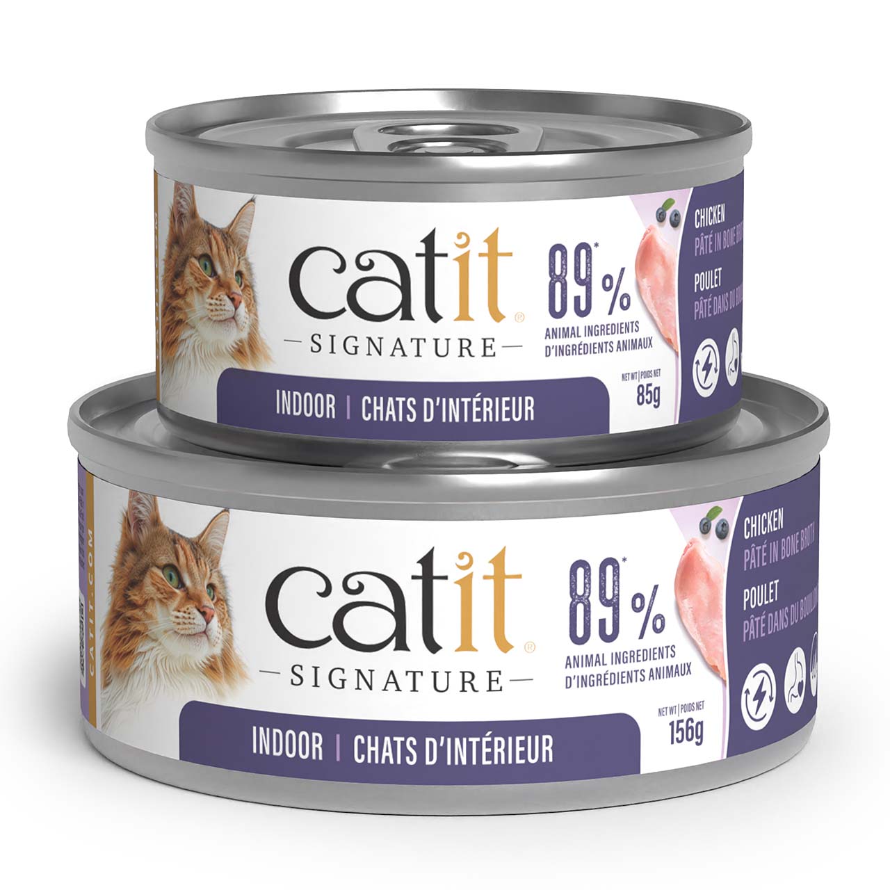 Two cans of Catit Signature Indoor chicken pâté in bone broth, in 85g and 156g sizes