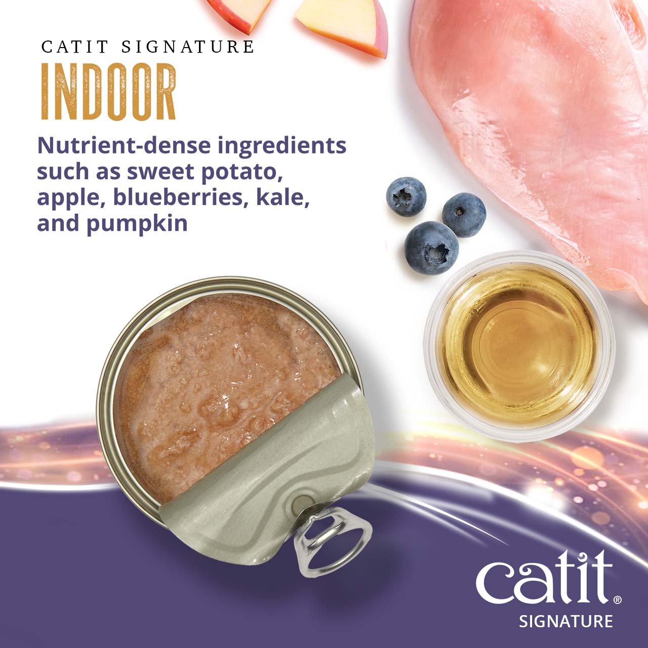 Catit Signature Indoor cat food features nutrient-dense ingredients like sweet potato, apple, blueberries, kale, and pumpkin