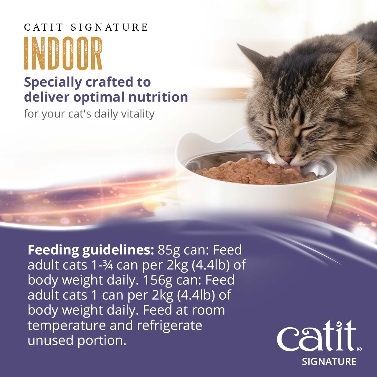 Catit Signature Indoor cat food feeding guidelines for 85g and 156g cans based on cat body weight