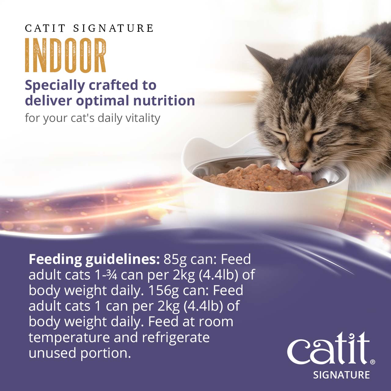 Catit Signature Indoor cat food feeding guidelines for 85g and 156g cans based on cat body weight