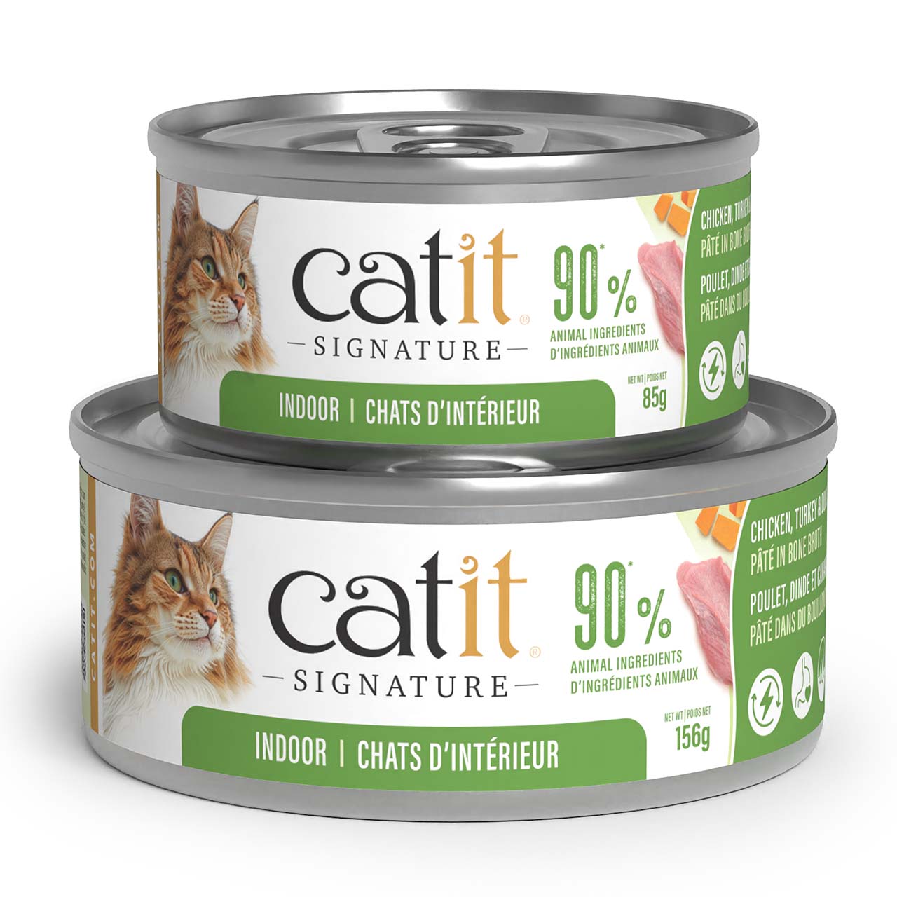 Two cans of Catit Signature Indoor cat food, one 85g and one 156g, featuring chicken, turkey, and duck pate in bone broth