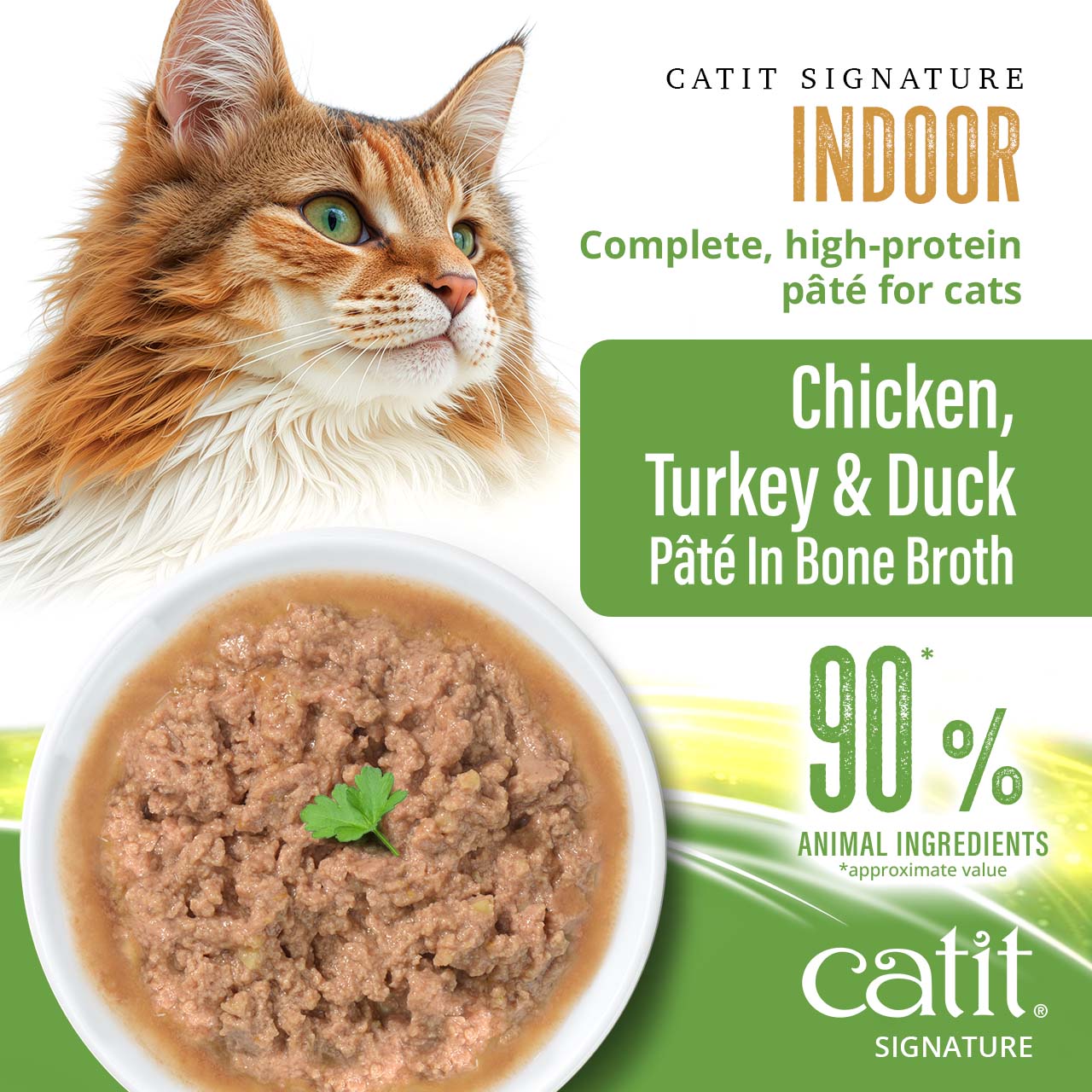 Catit Signature Indoor pâté for cats, featuring chicken, turkey, and duck in bone broth with 90% animal ingredients