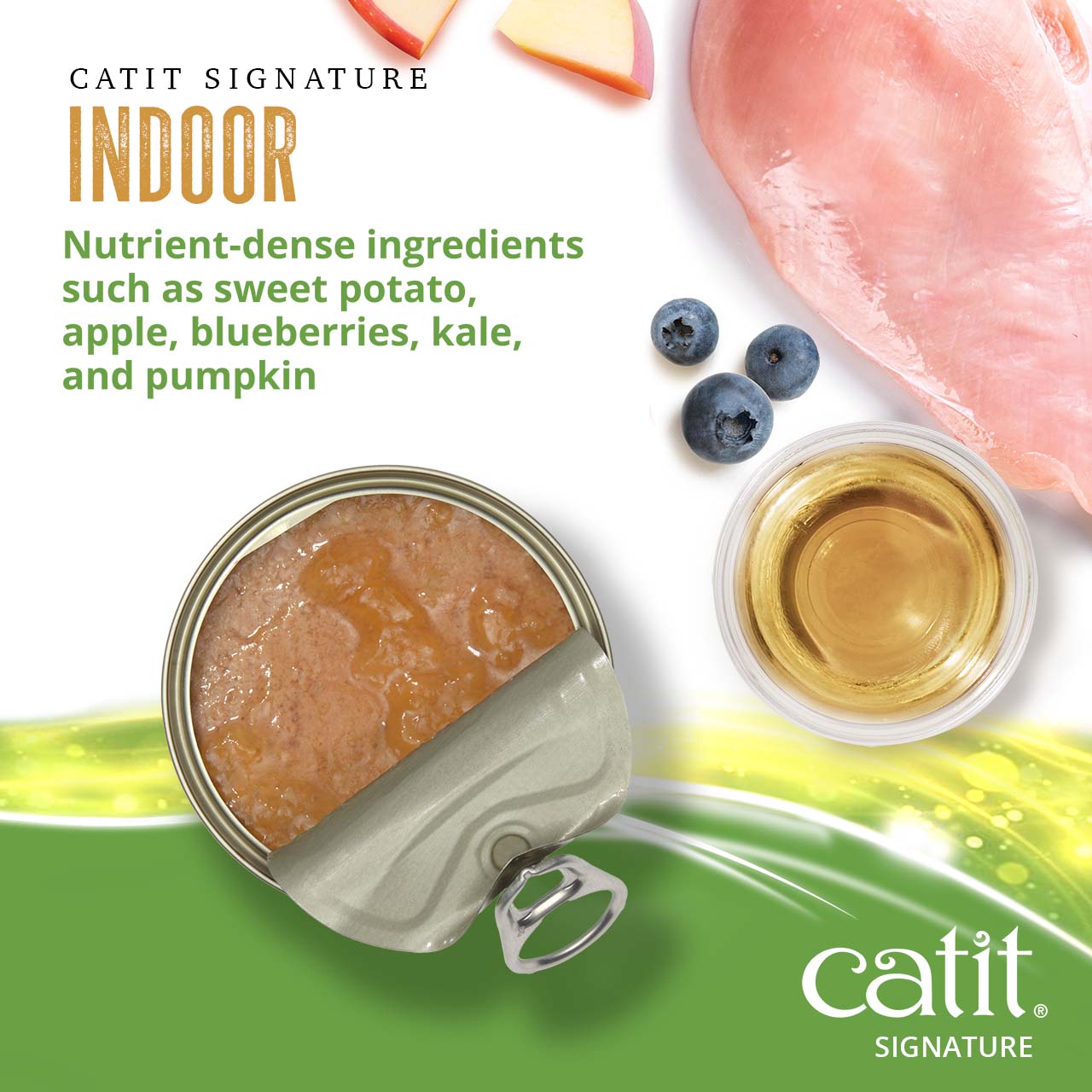 Catit Signature Indoor cat food features nutrient-dense ingredients like sweet potato, apple, blueberries, kale, and pumpkin