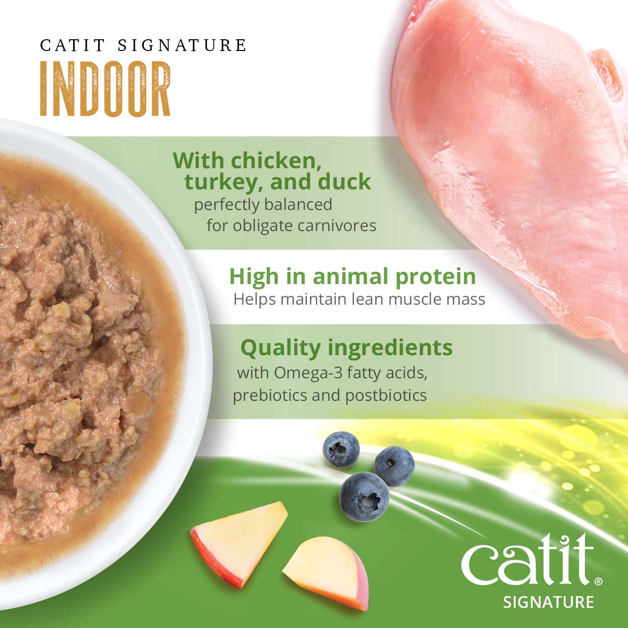 Catit Signature Indoor cat food advertisement highlighting chicken, turkey, and duck ingredients for lean muscle maintenance