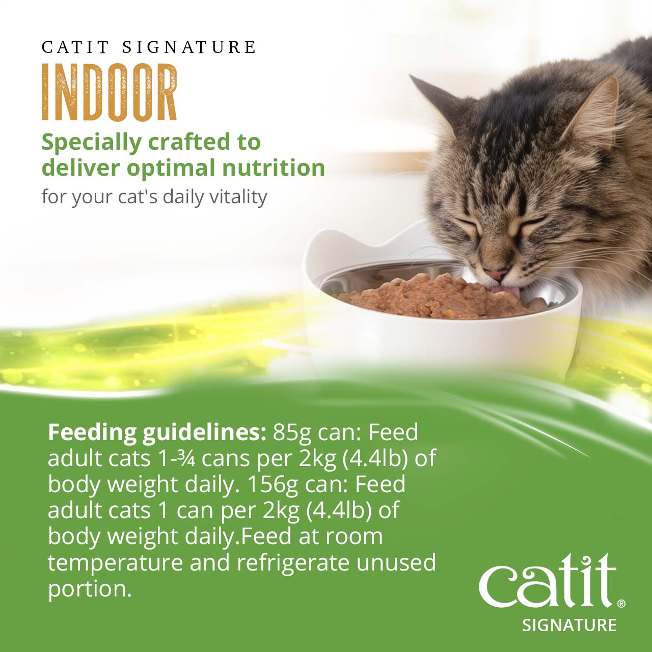 Catit Signature Indoor cat food feeding guidelines for 85g and 156g cans based on cat body weight