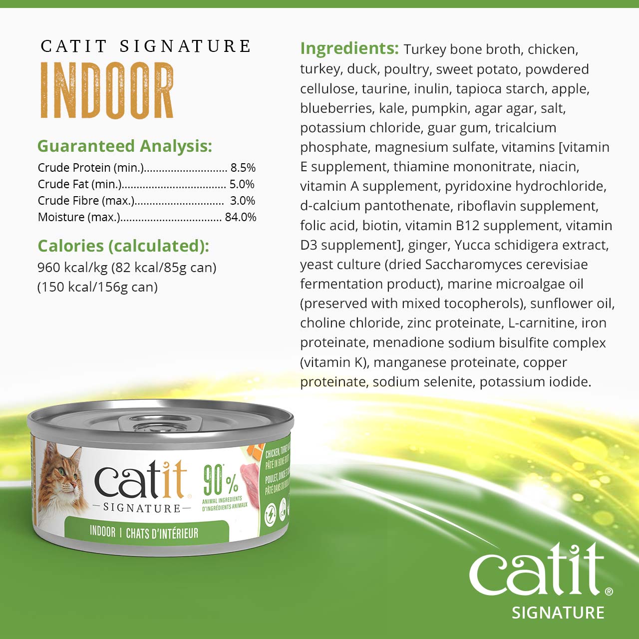 Catit Signature Indoor wet cat food packaging, including guaranteed analysis, calorie content, and ingredient list