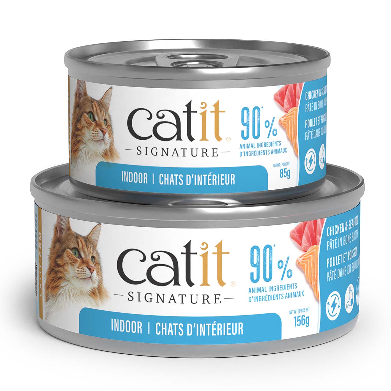 Two cans of Catit Signature Indoor Chicken and Seafood pâté in bone broth, in 85g and 156g sizes
