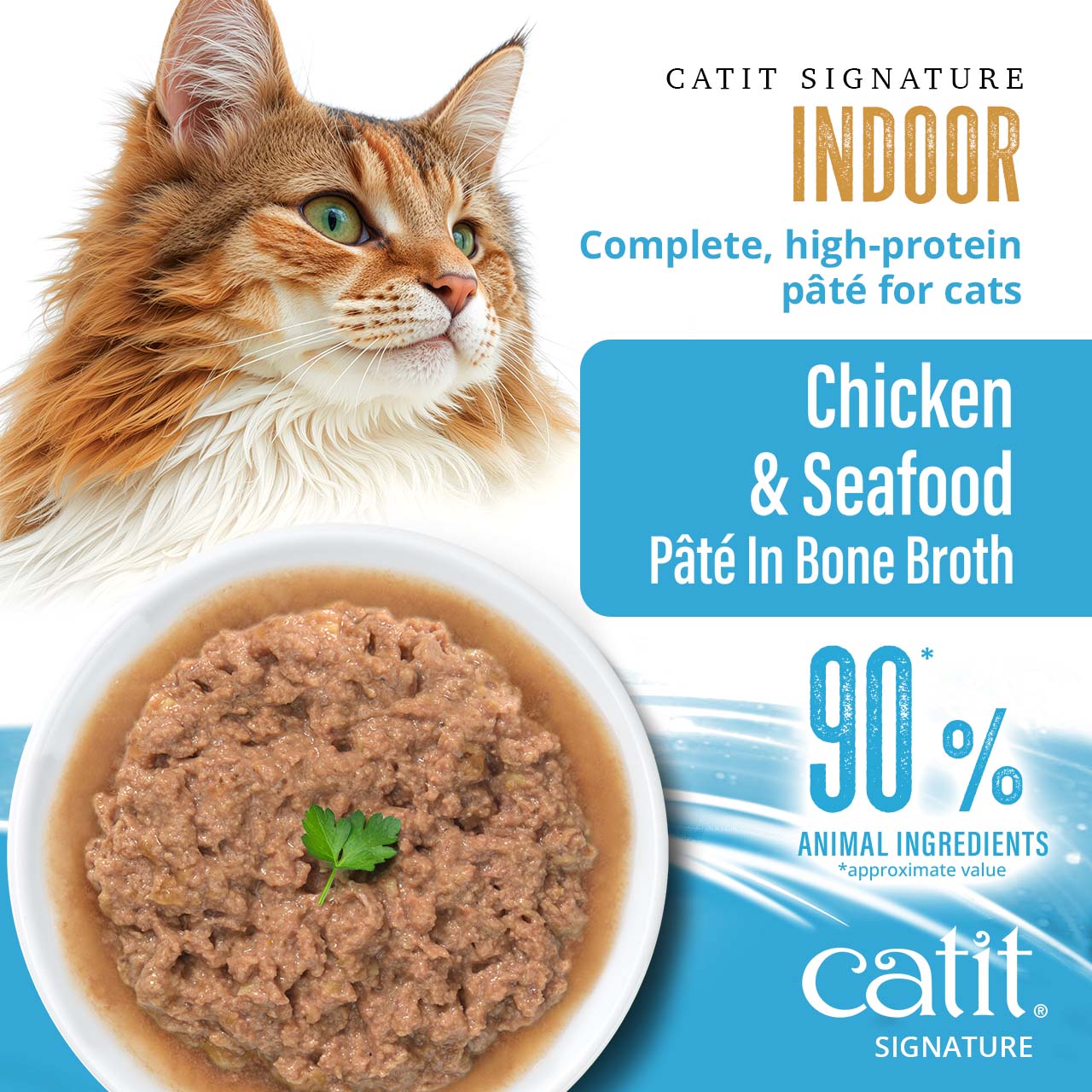 Catit Signature Indoor Chicken and Seafood pâté for cats, featuring 90% animal ingredients in bone broth