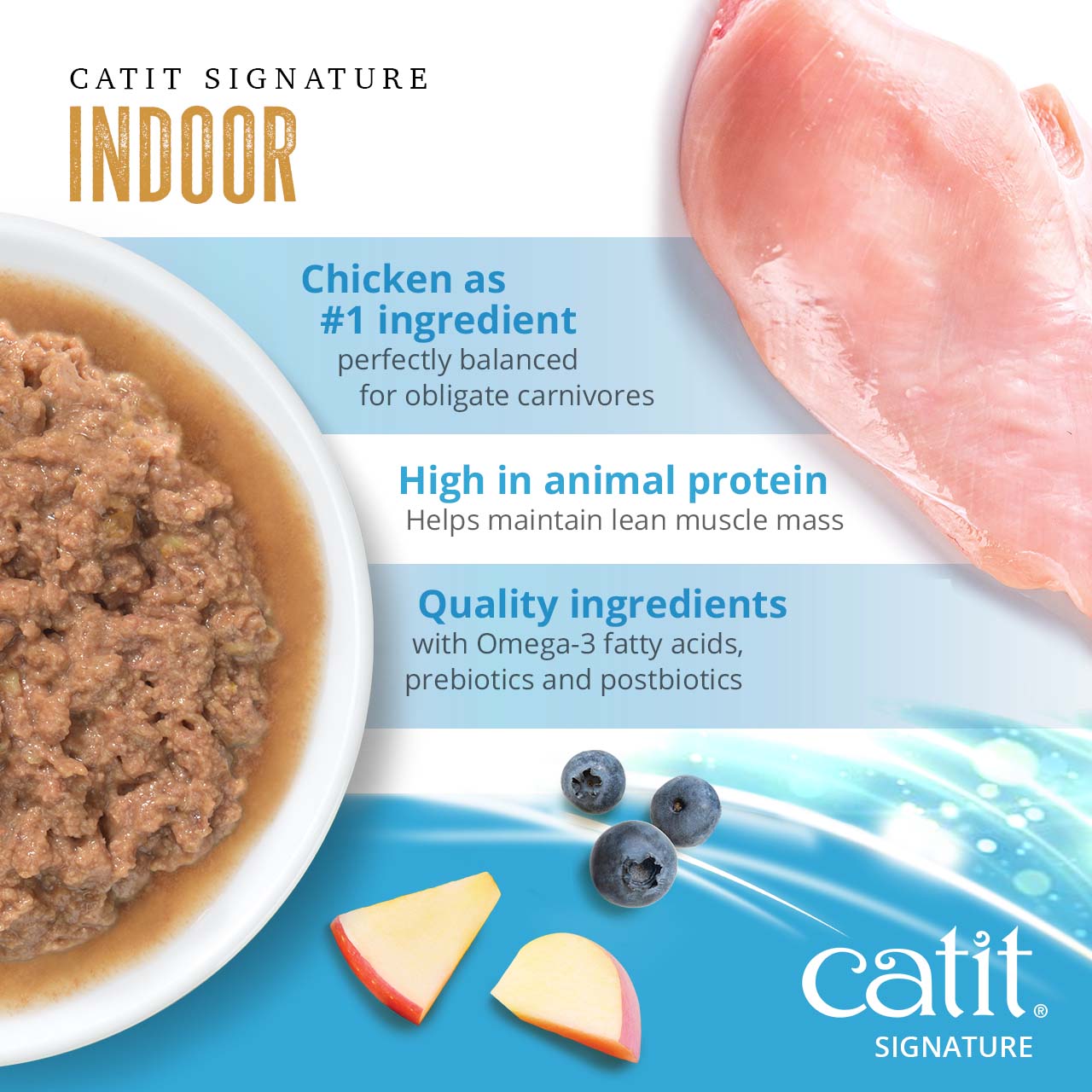 Catit Signature Indoor cat food features chicken as the primary ingredient, high animal protein, and added nutrients