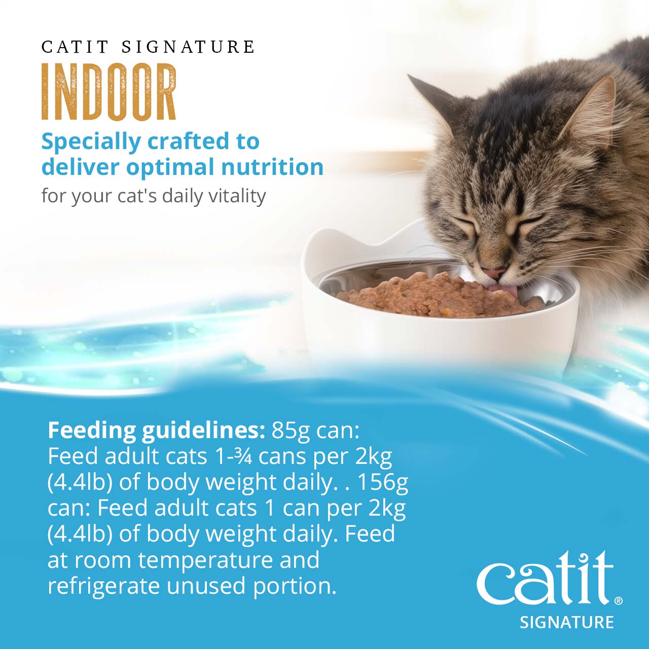Catit Signature Indoor cat food feeding guidelines for 85g and 156g cans based on cat body weight