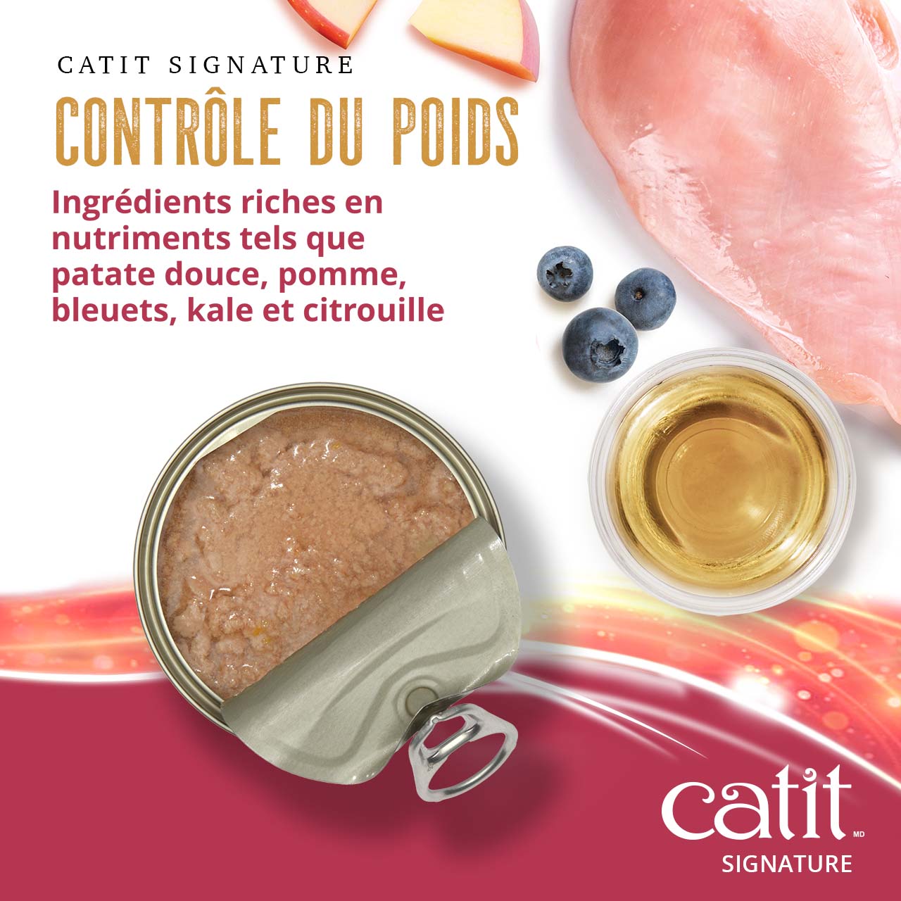 Catit Signature Weight Control wet cat food featuring chicken, sweet potato, apple, blueberries, kale, and pumpkin