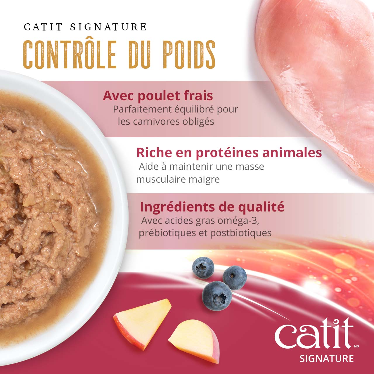 Catit Signature Weight Control cat food features fresh chicken, high animal protein, and quality ingredients for cats
