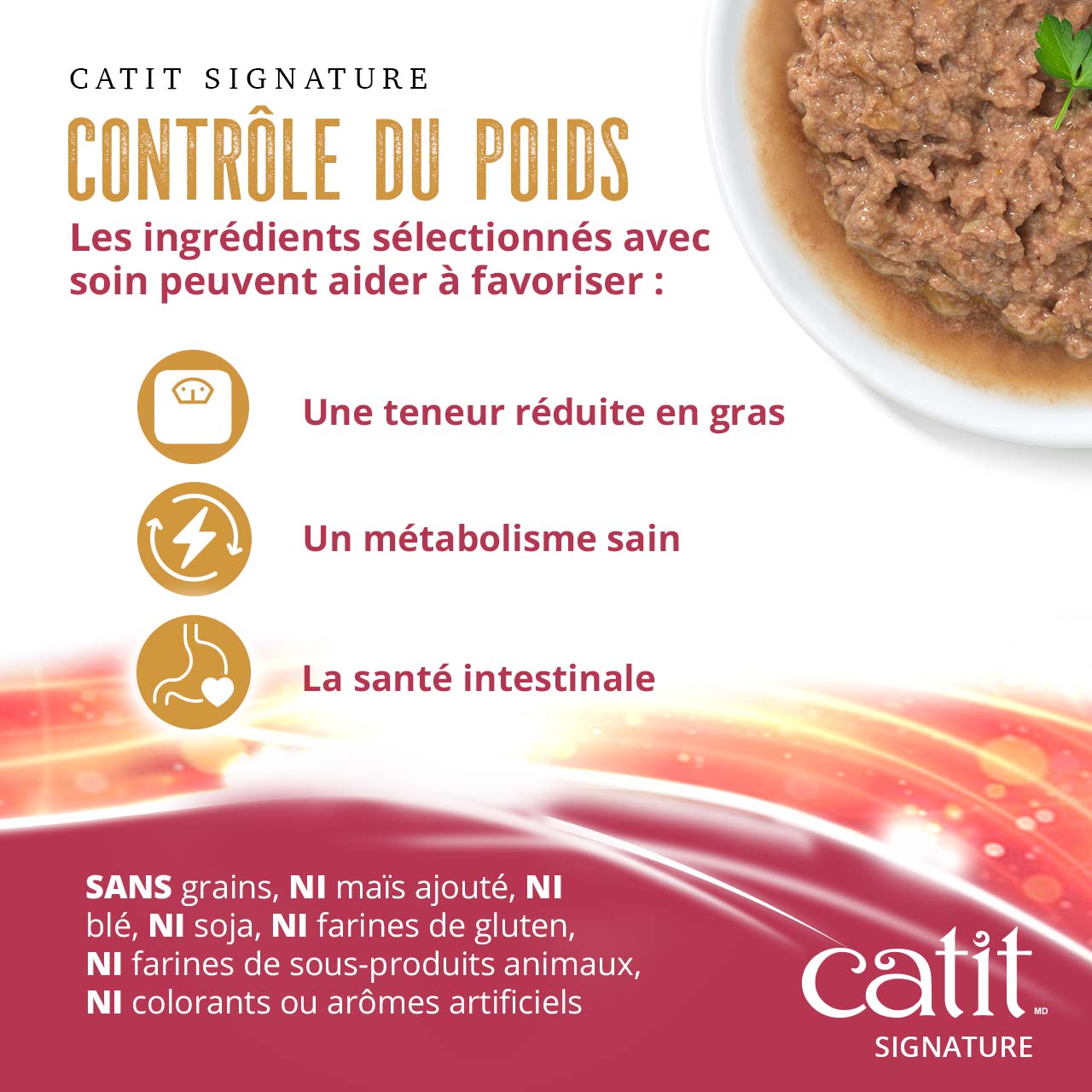 Catit Signature weight control cat food features a grain-free formula with reduced fat, promoting a healthy metabolism and digestion