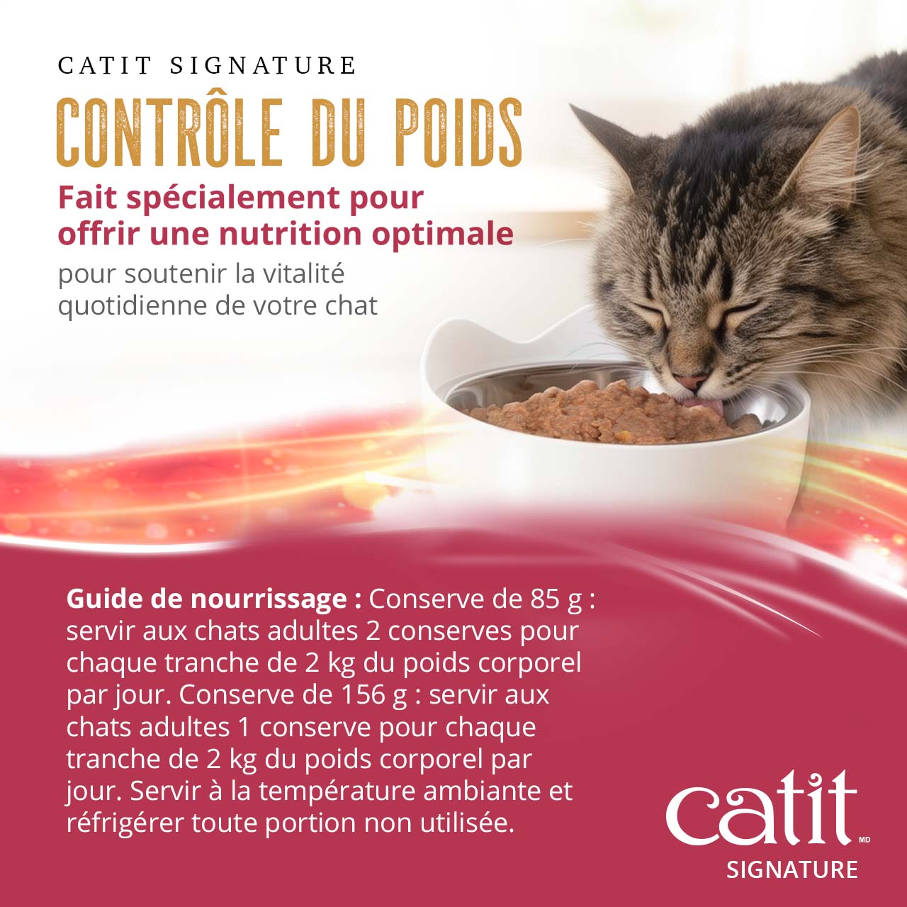 Catit Signature Weight Control cat food feeding guide for 85g and 156g cans based on body weight