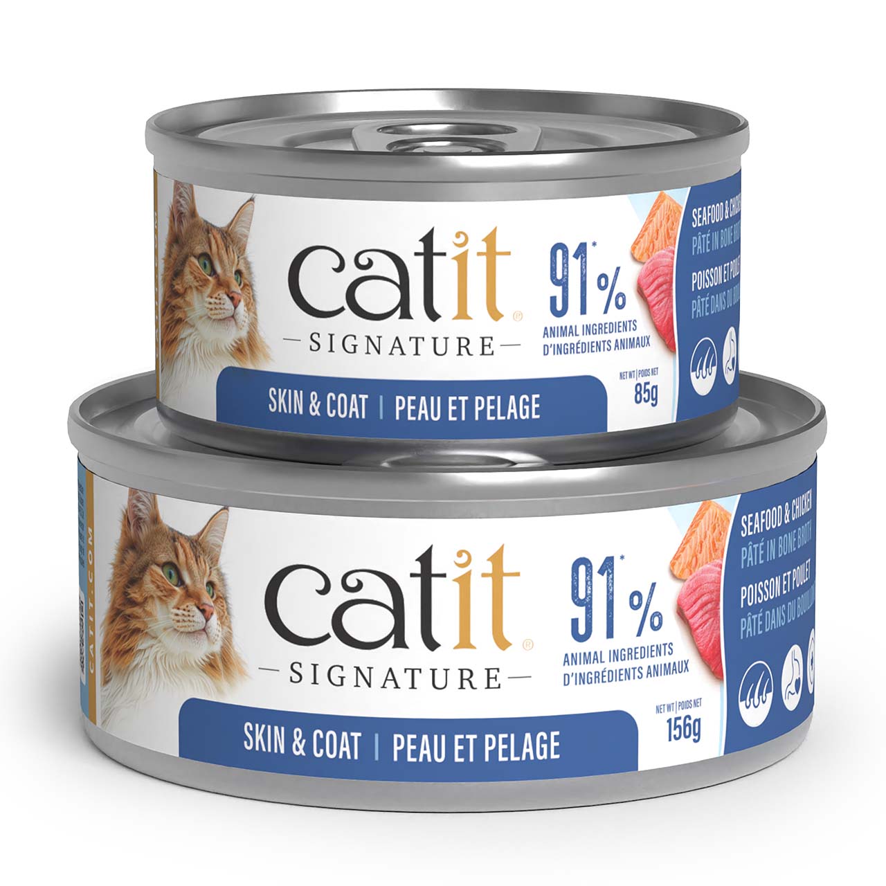 Two cans of Catit Signature Skin & Coat seafood and chicken pâté in bone broth, in 85g and 156g sizes
