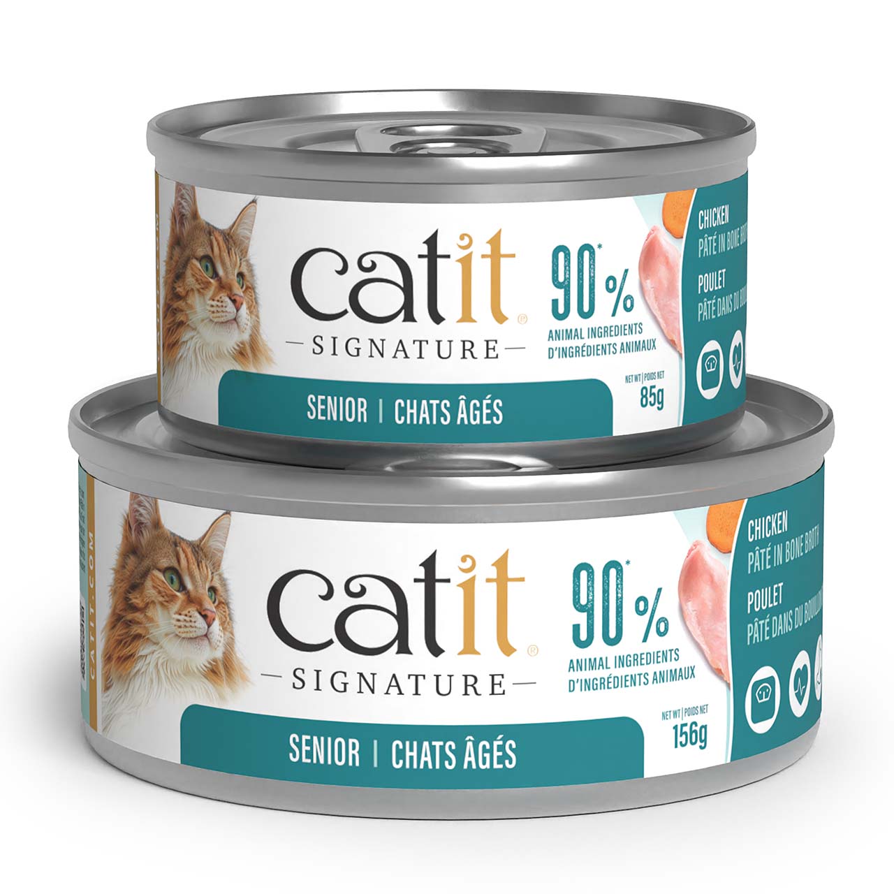 Two cans of Catit Signature Senior chicken pâté in bone broth, one 85g and one 156g