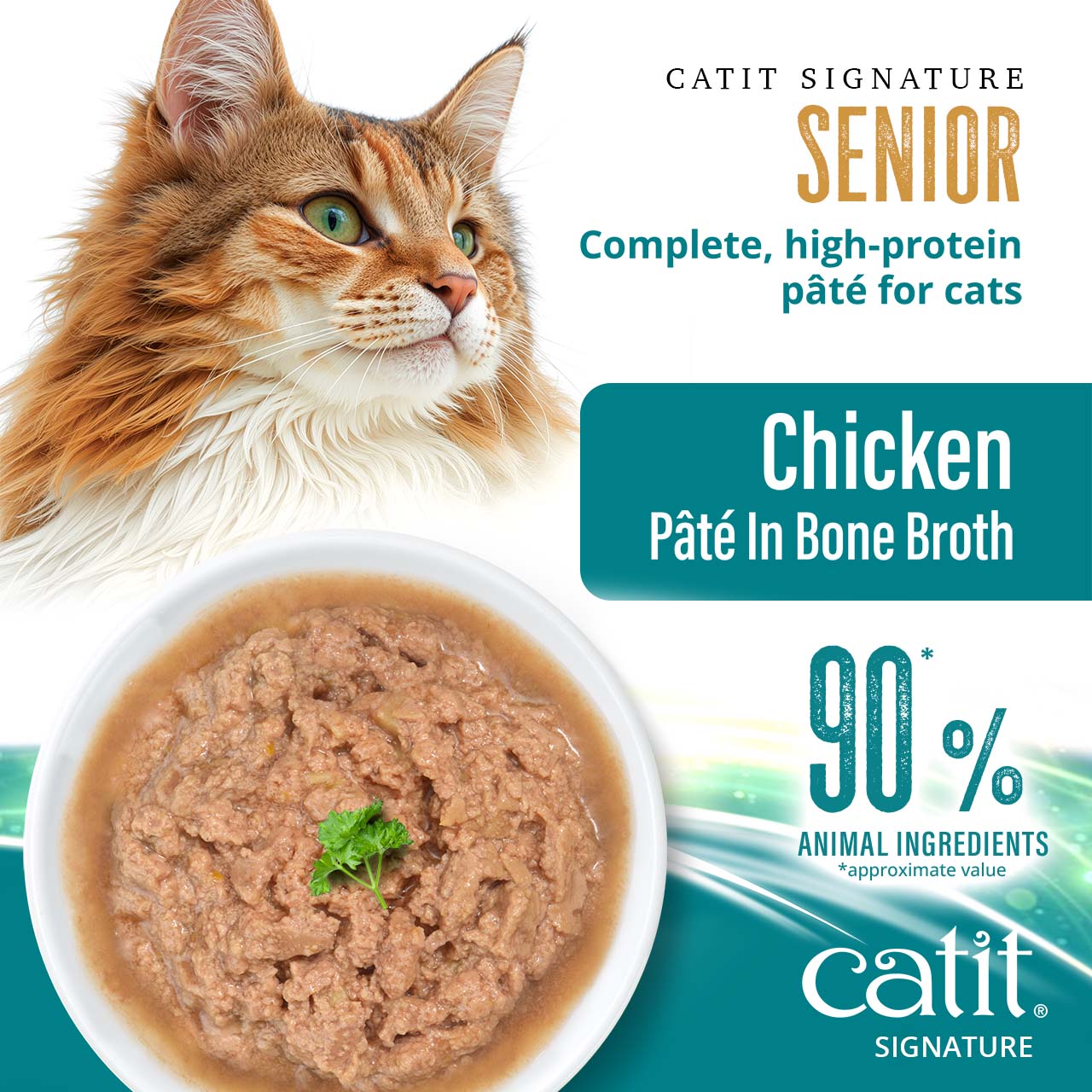 Catit Signature Senior Chicken Pâté in Bone Broth cat food, featuring 90% animal ingredients