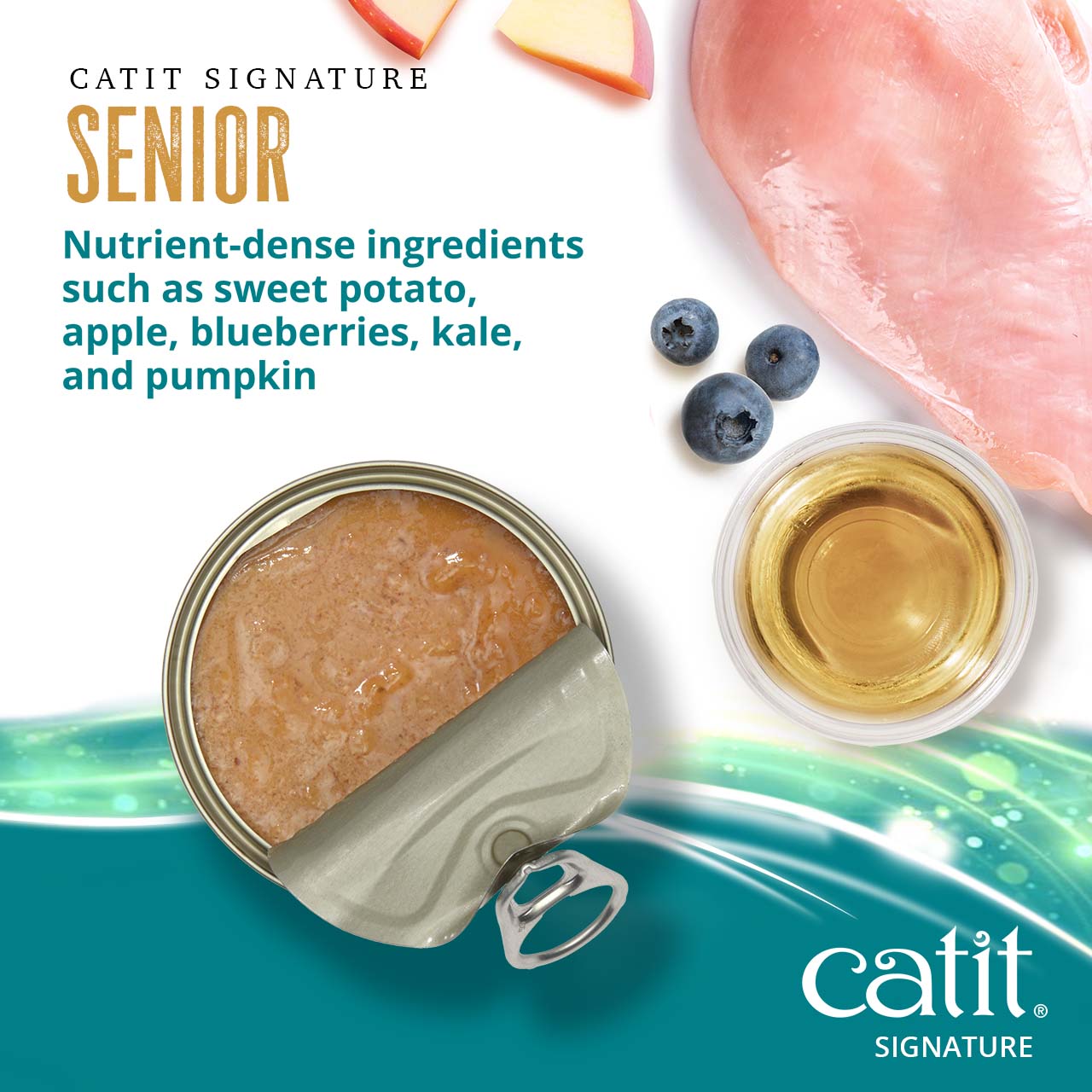 Catit Signature Senior wet cat food, highlighting nutrient-dense ingredients like sweet potato, apple, and blueberries