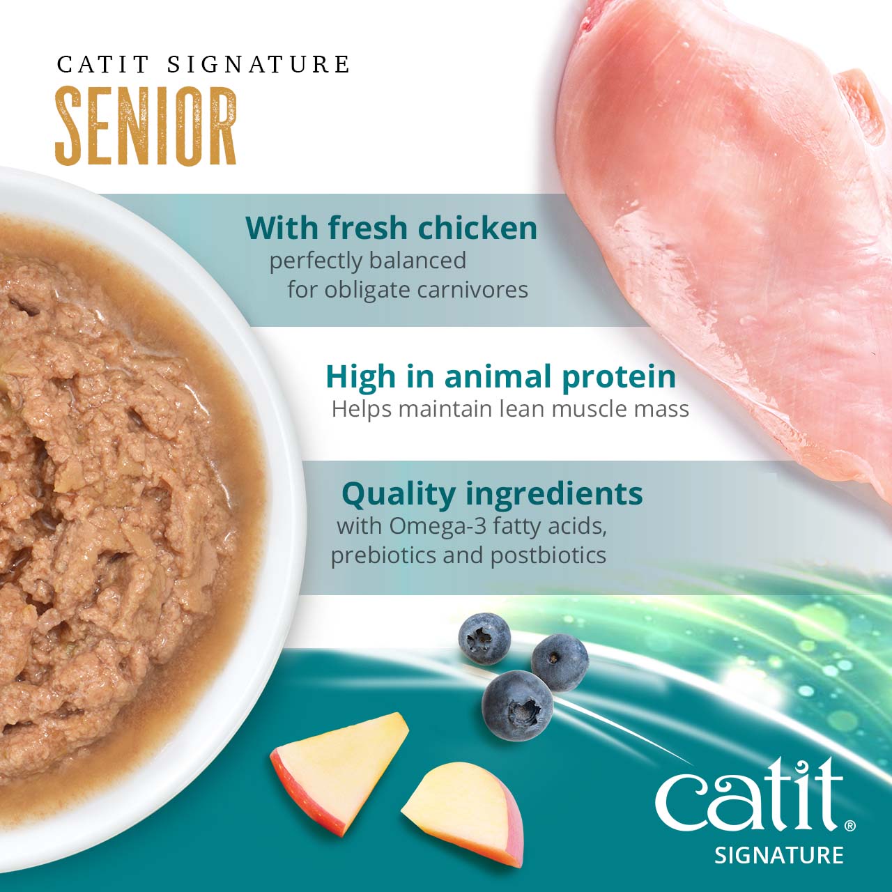 Catit Signature Senior cat food features fresh chicken, high animal protein for muscle mass, and added nutrients