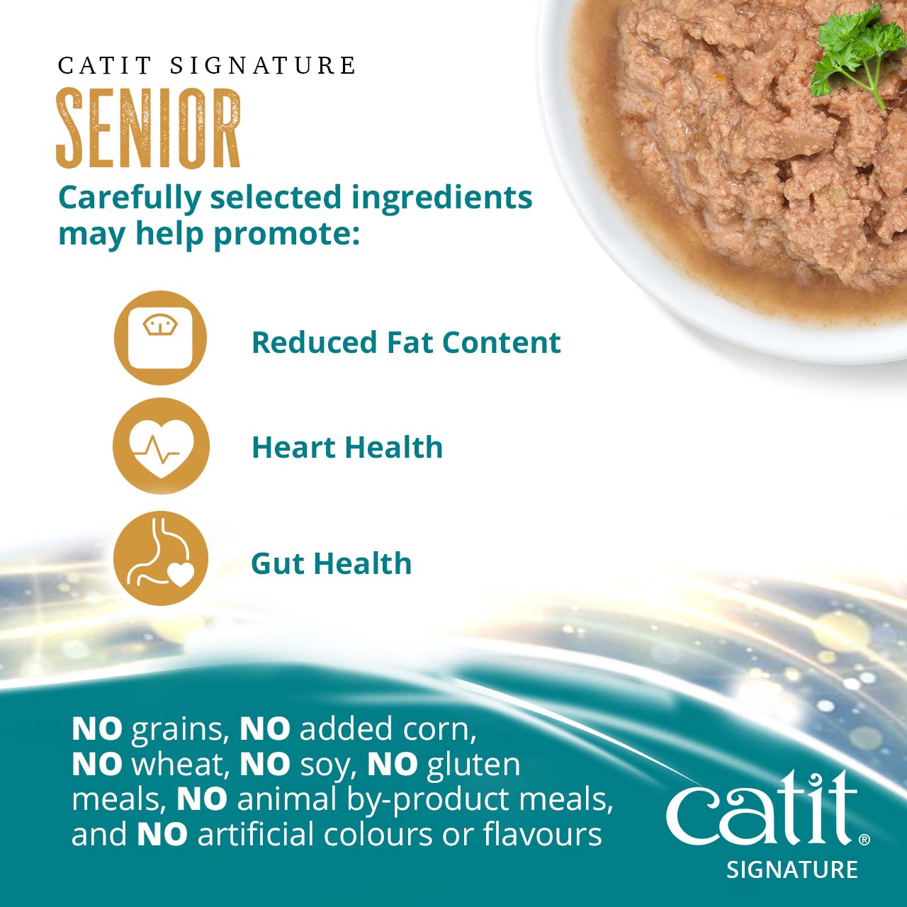 Catit Signature Senior cat food benefits: reduced fat, heart health, and gut health, with no grains, fillers, or artificial additives