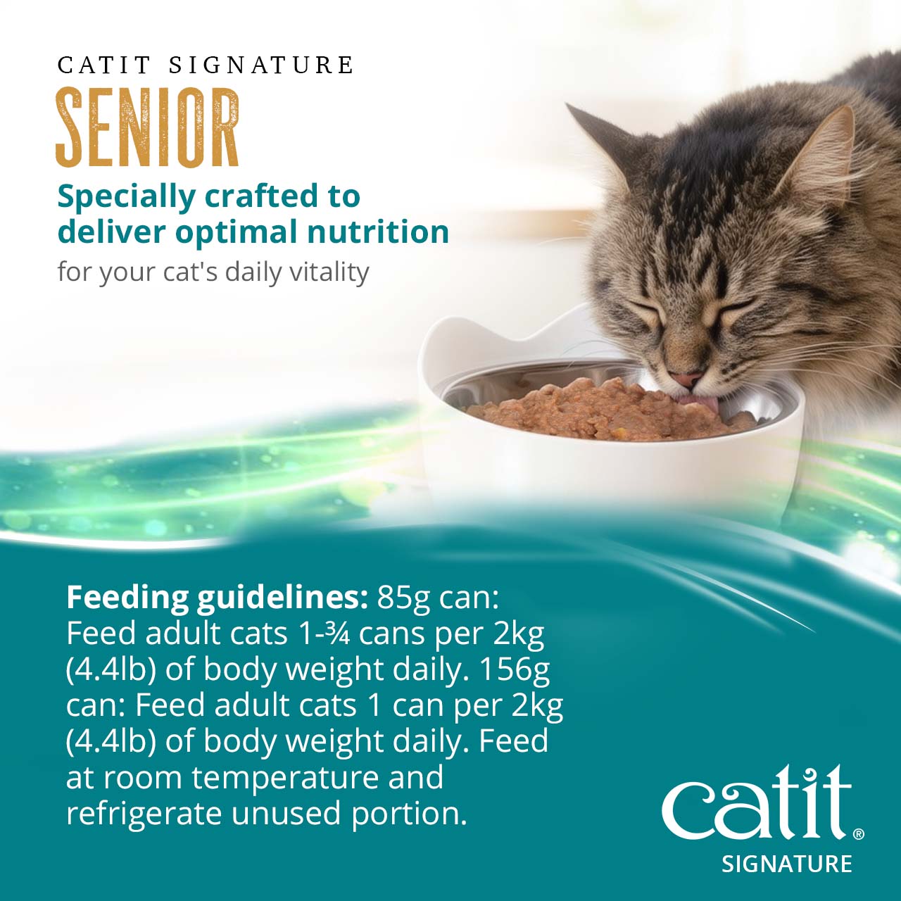 Catit Signature Senior cat food feeding guidelines for 85g and 156g cans based on body weight