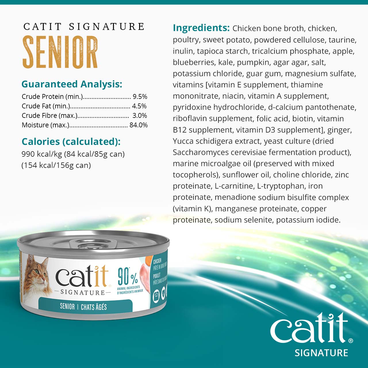 Catit Signature Senior chicken pate in bone broth cat food packaging with guaranteed analysis and ingredient list