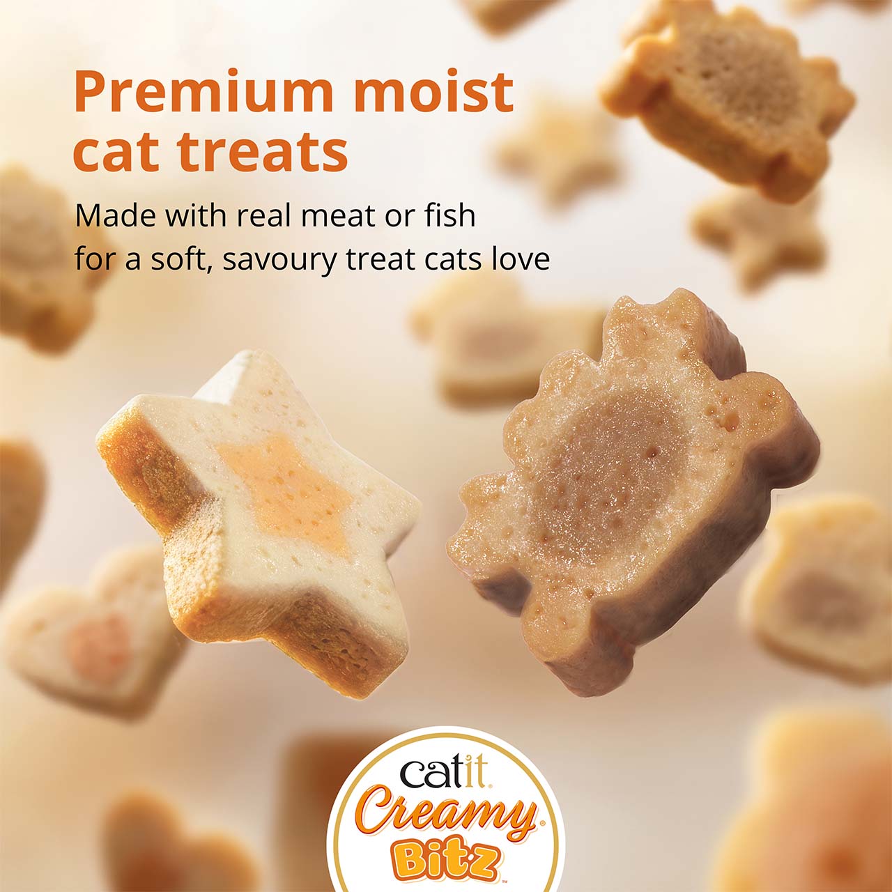 Catit Creamy Bitz premium moist cat treats made with real meat or fish