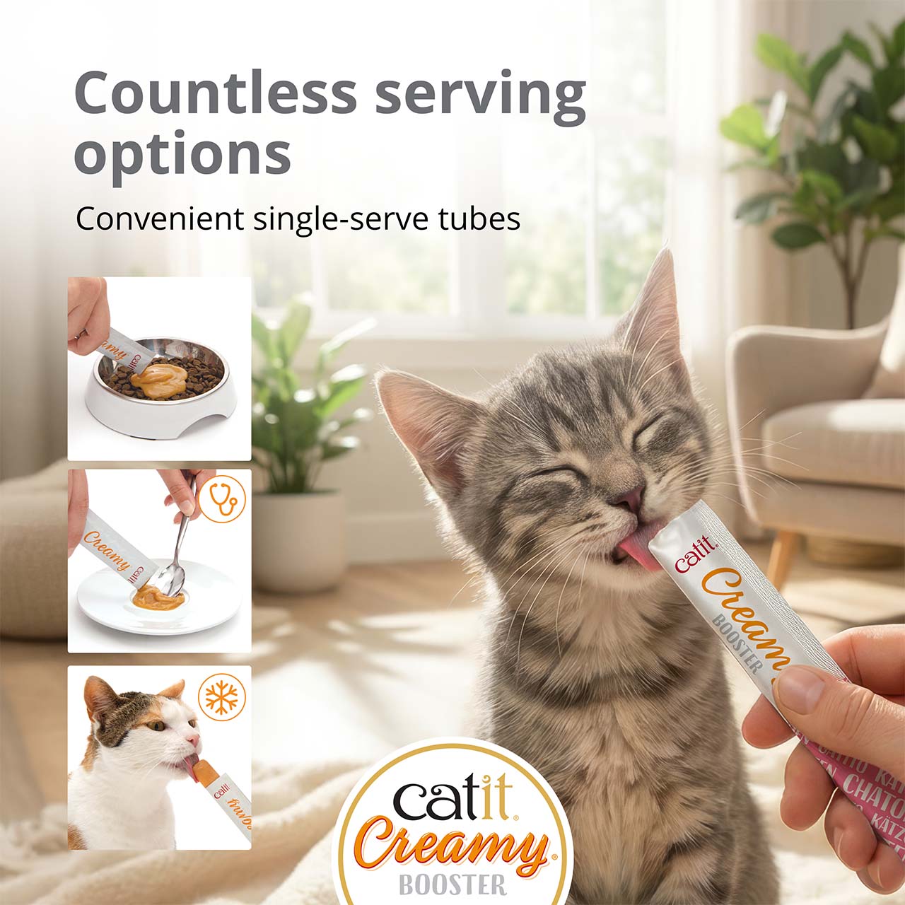A cat happily licking a Catit Creamy Booster treat from a tube, with smaller images showing different serving methods