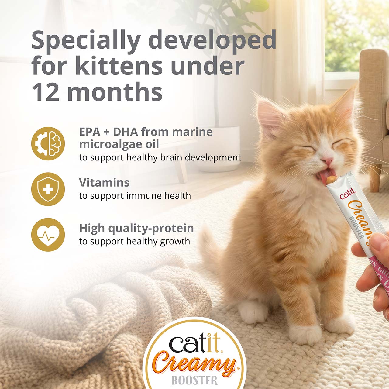 Catit Creamy Booster treat for kittens under 12 months, featuring DHA for brain development, vitamins, and high-quality protein