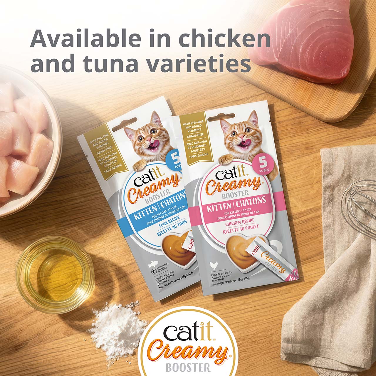 Catit Creamy Booster lickable cat treats for kittens, available in chicken and tuna recipes