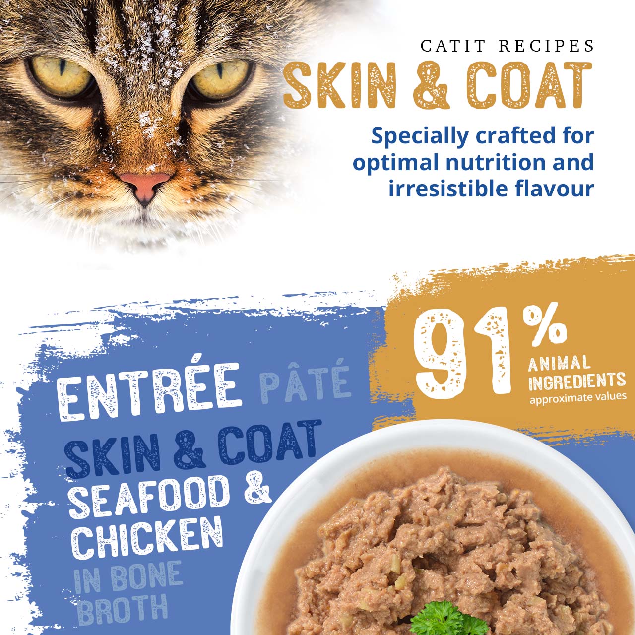 Catit Recipes Skin & Coat seafood and chicken pâté in bone broth, featuring 91% animal ingredients