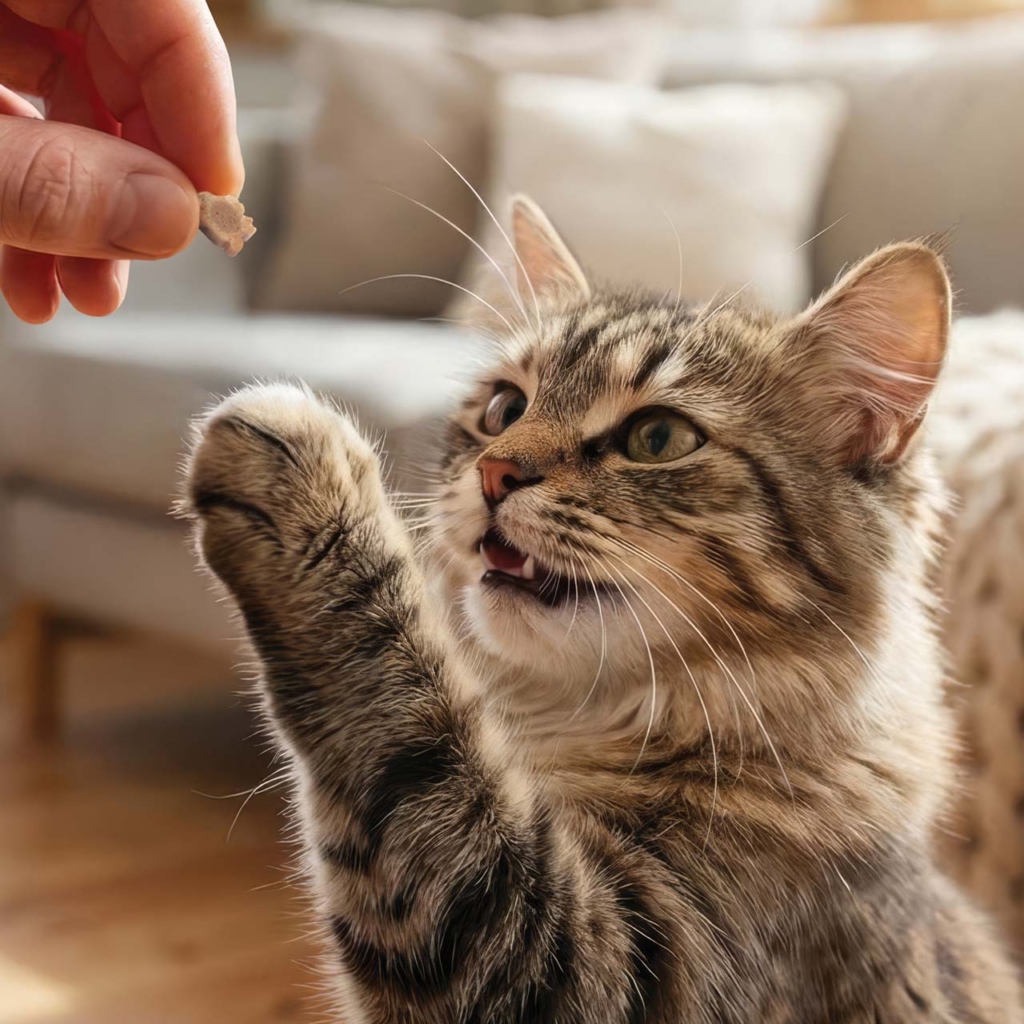 A fluffy tabby cat reaches up with its paw to catch a treat held by a person's hand