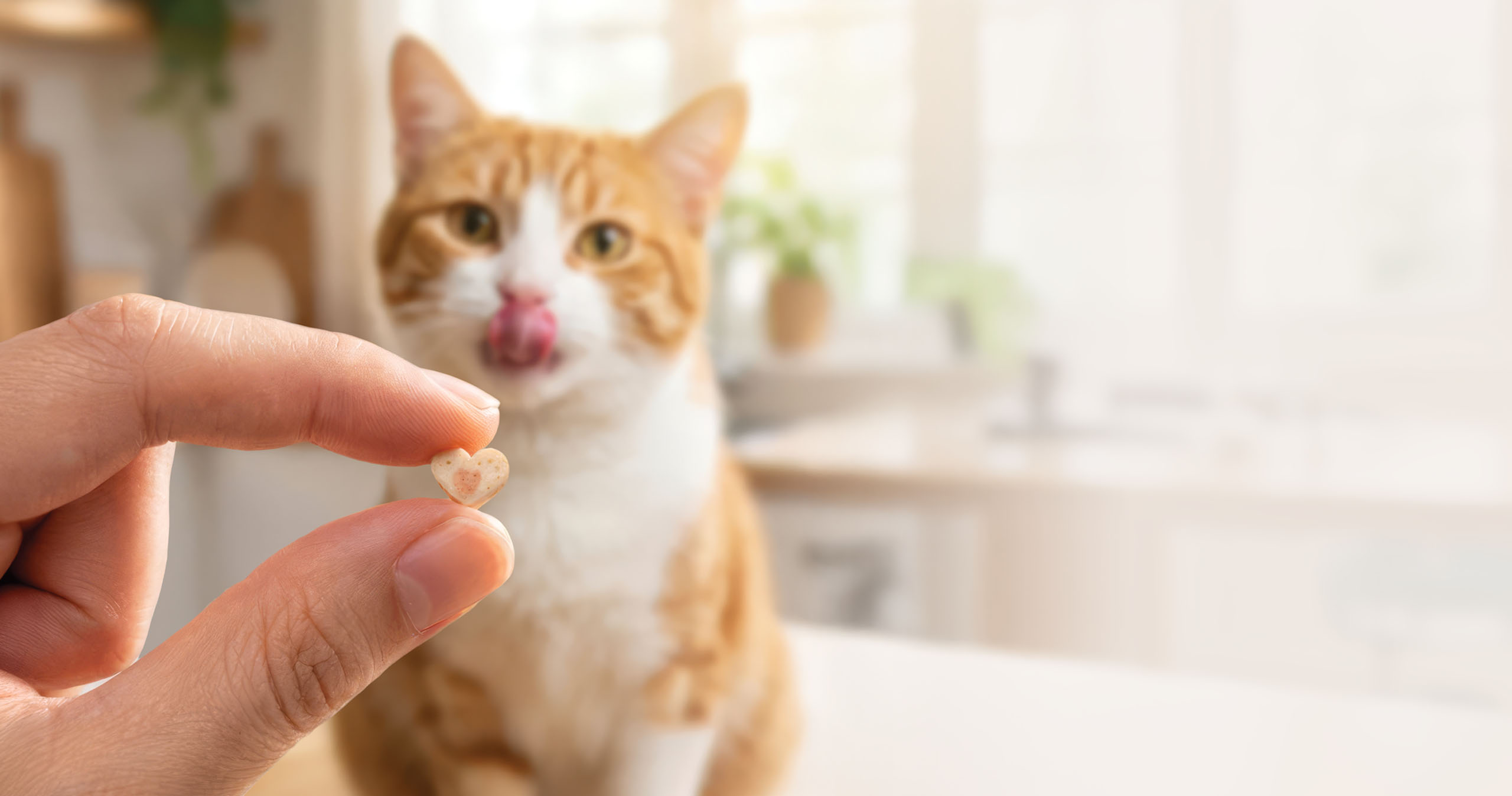A hand holds a small heart-shaped cat treat in front of a blurred ginger and white cat licking its lips