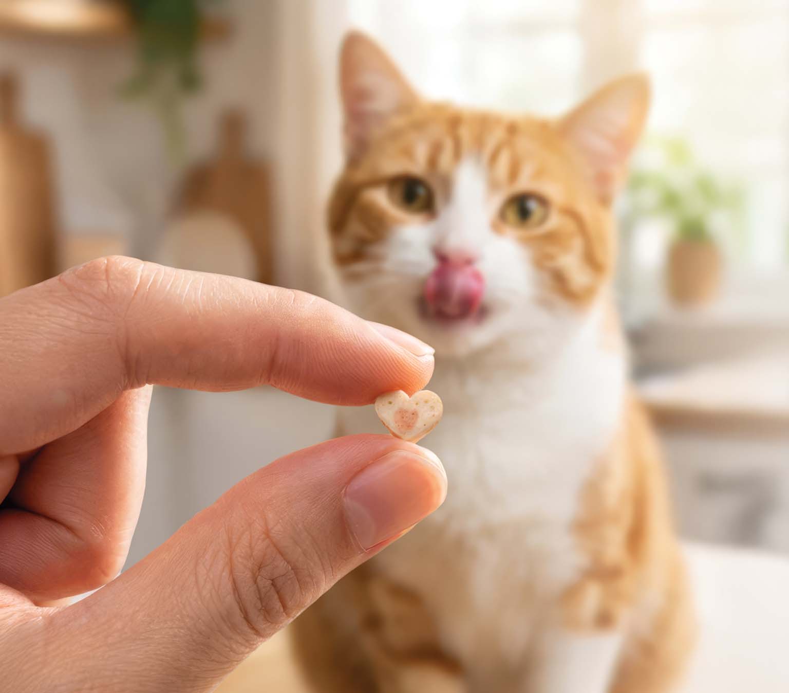 A person holds a heart-shaped cat treat in front of an orange and white cat licking its lips in anticipation