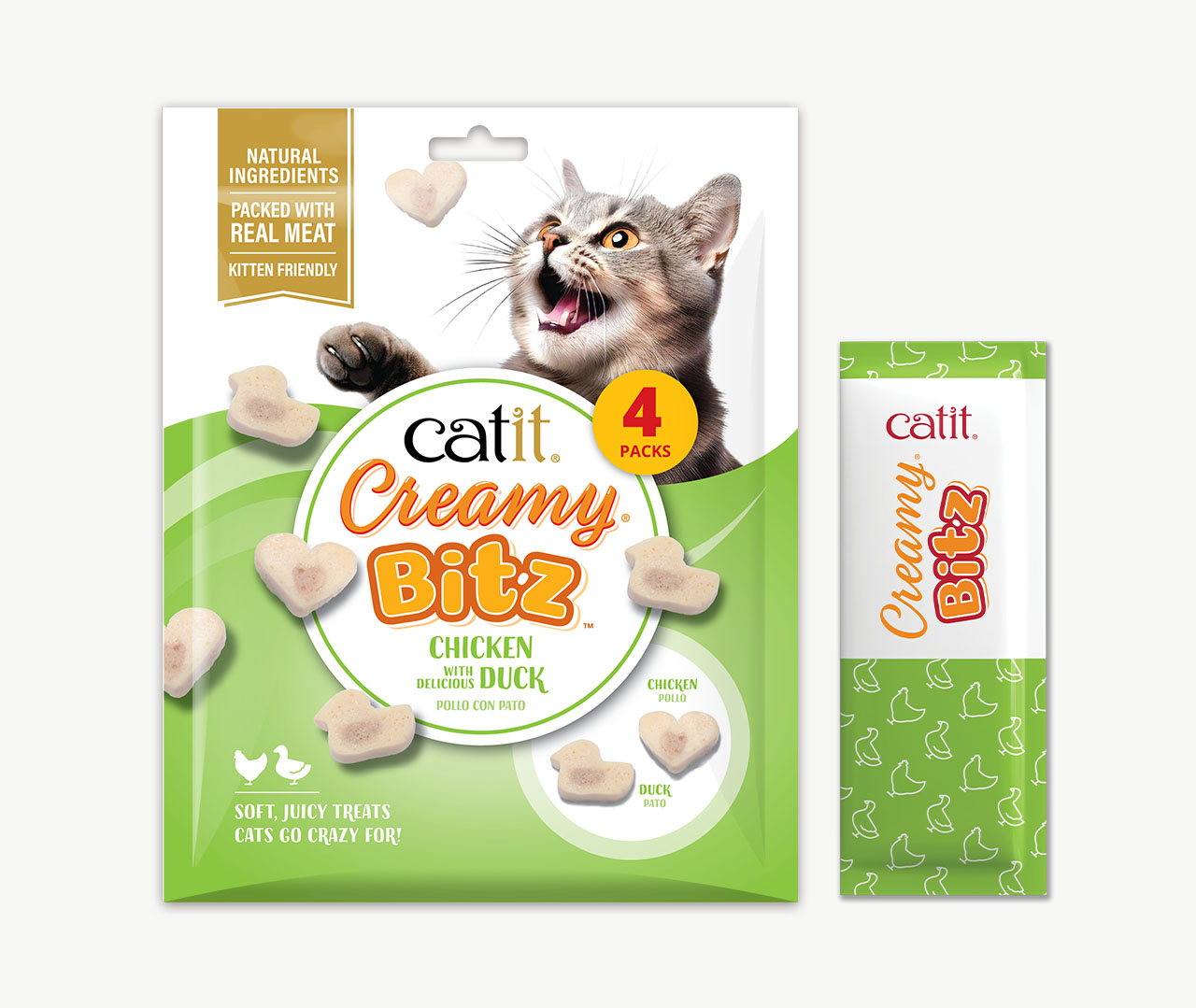Catit Creamy Bitz chicken and duck flavored cat treats packaging and an individual treat sachet