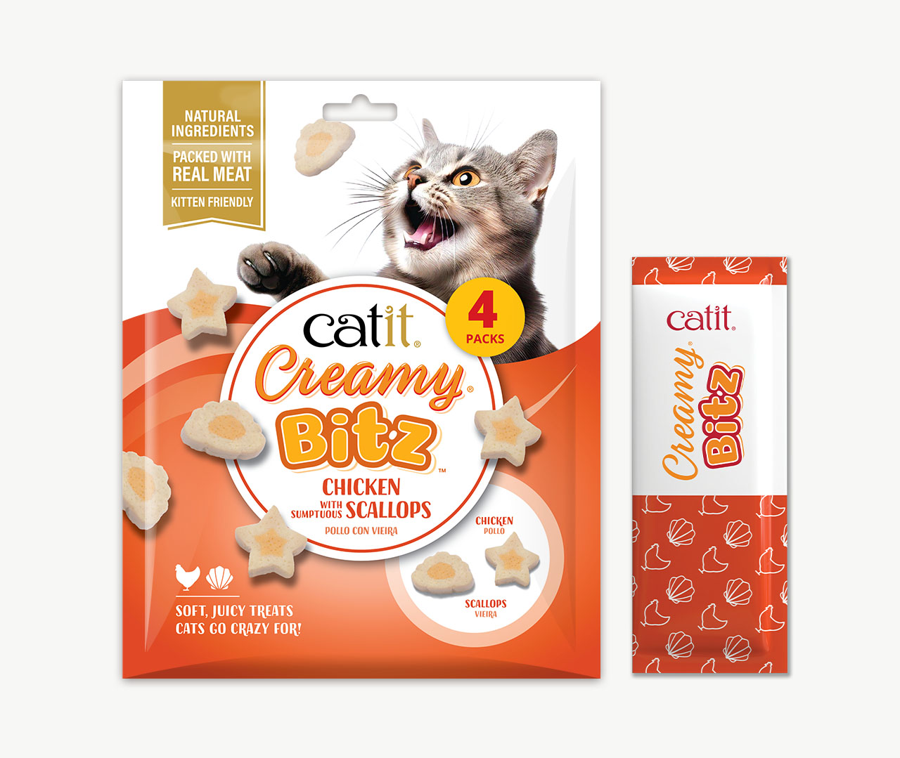 Catit Creamy Bitz chicken and scallop cat treats packaging and individual treat sachet