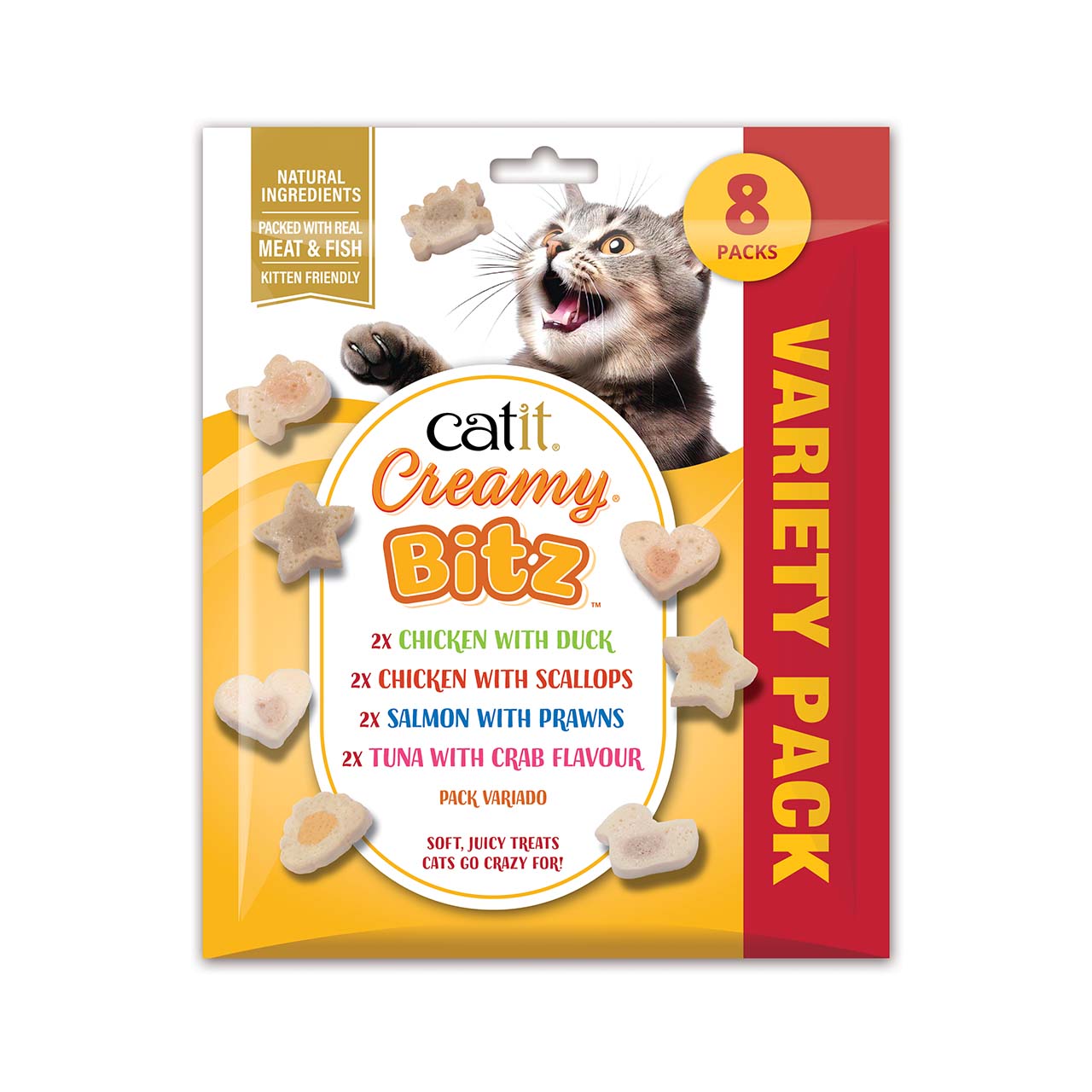 Catit Creamy Bitz variety pack of 8 cat treats featuring natural ingredients and real meat and fish