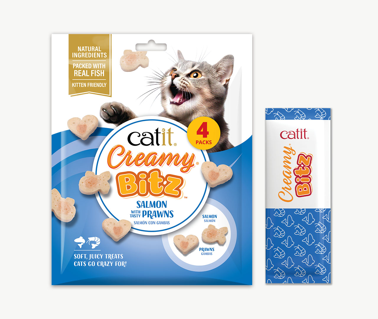 Catit Creamy Bitz salmon and prawn flavored cat treats packaging and individual treat sachet