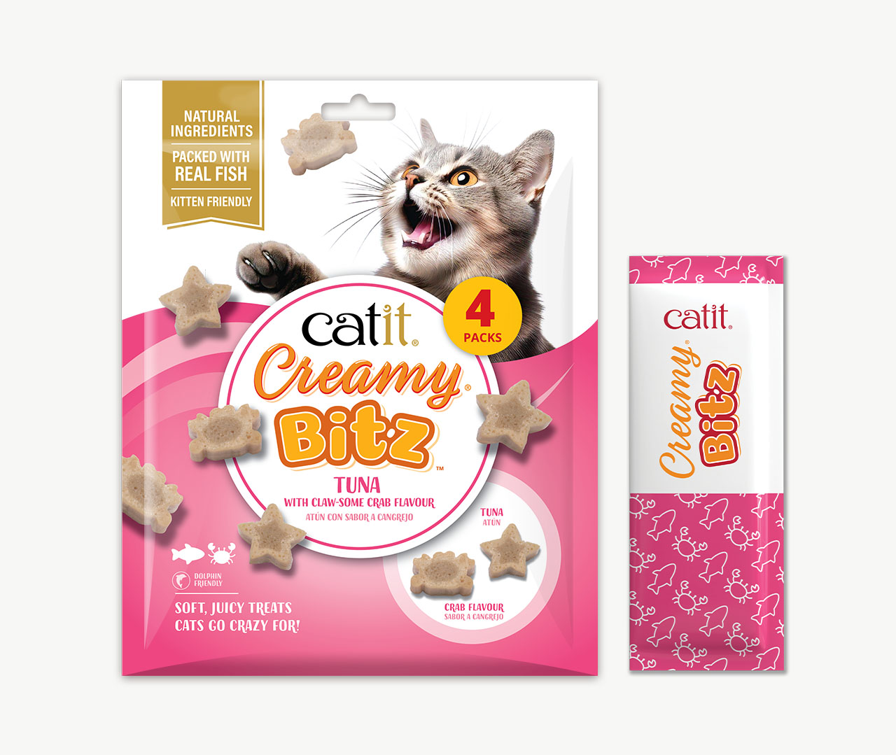 Catit Creamy Bitz tuna and crab flavored cat treats packaging with four individual treat sachets