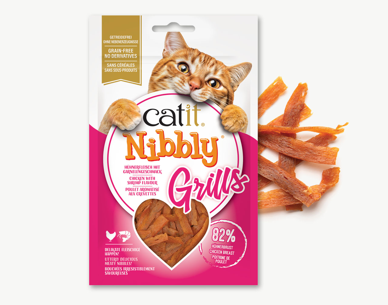 Catit Nibbly Grills chicken and shrimp flavored cat treats packaging