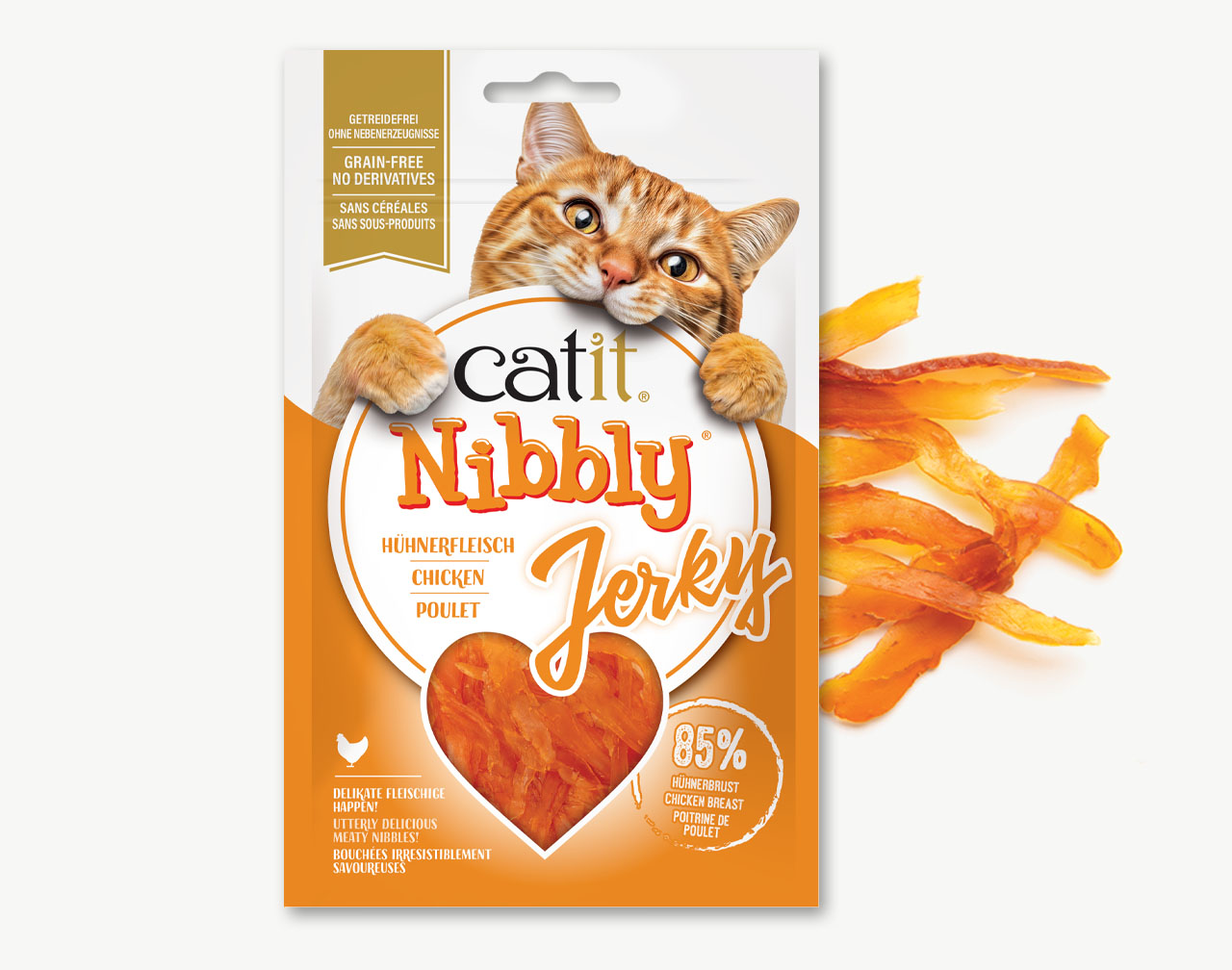 Catit Nibbly Jerky Chicken & Fish packaging with Nibbly treats laying on the right