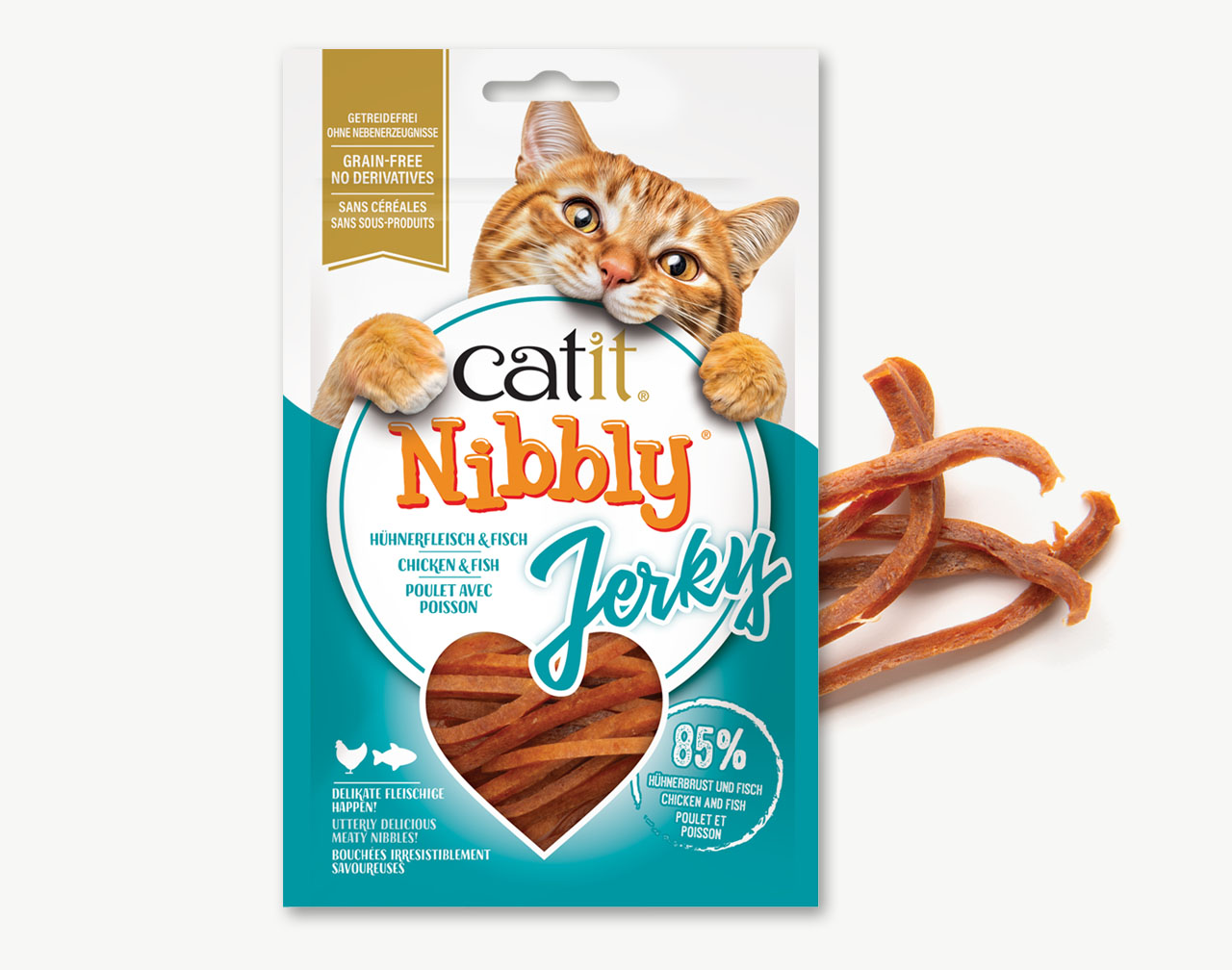 Catit Nibbly Jerky chicken and fish cat treats in packaging